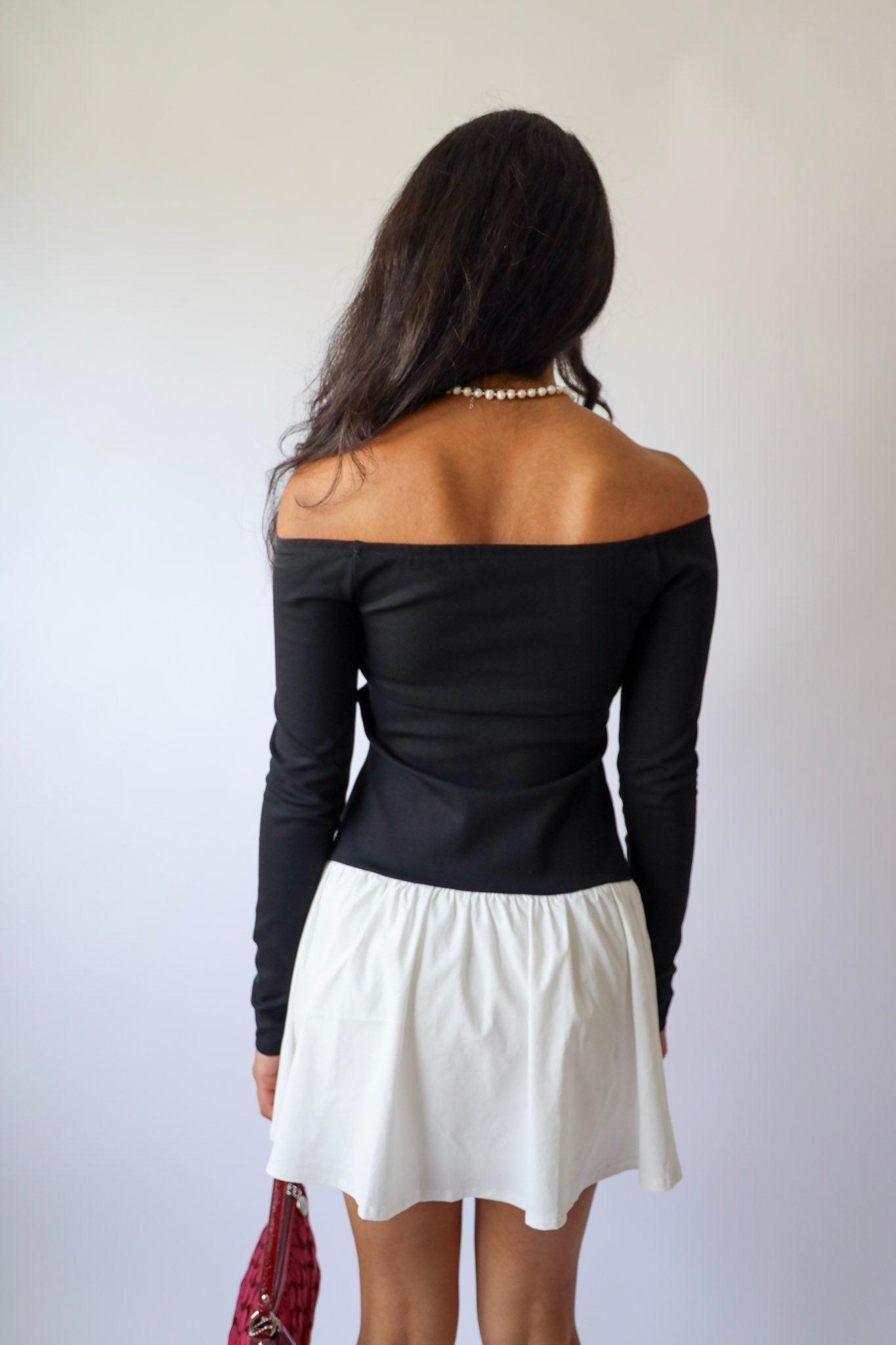 Black & White Off the Shoulder Flared Mini Dress