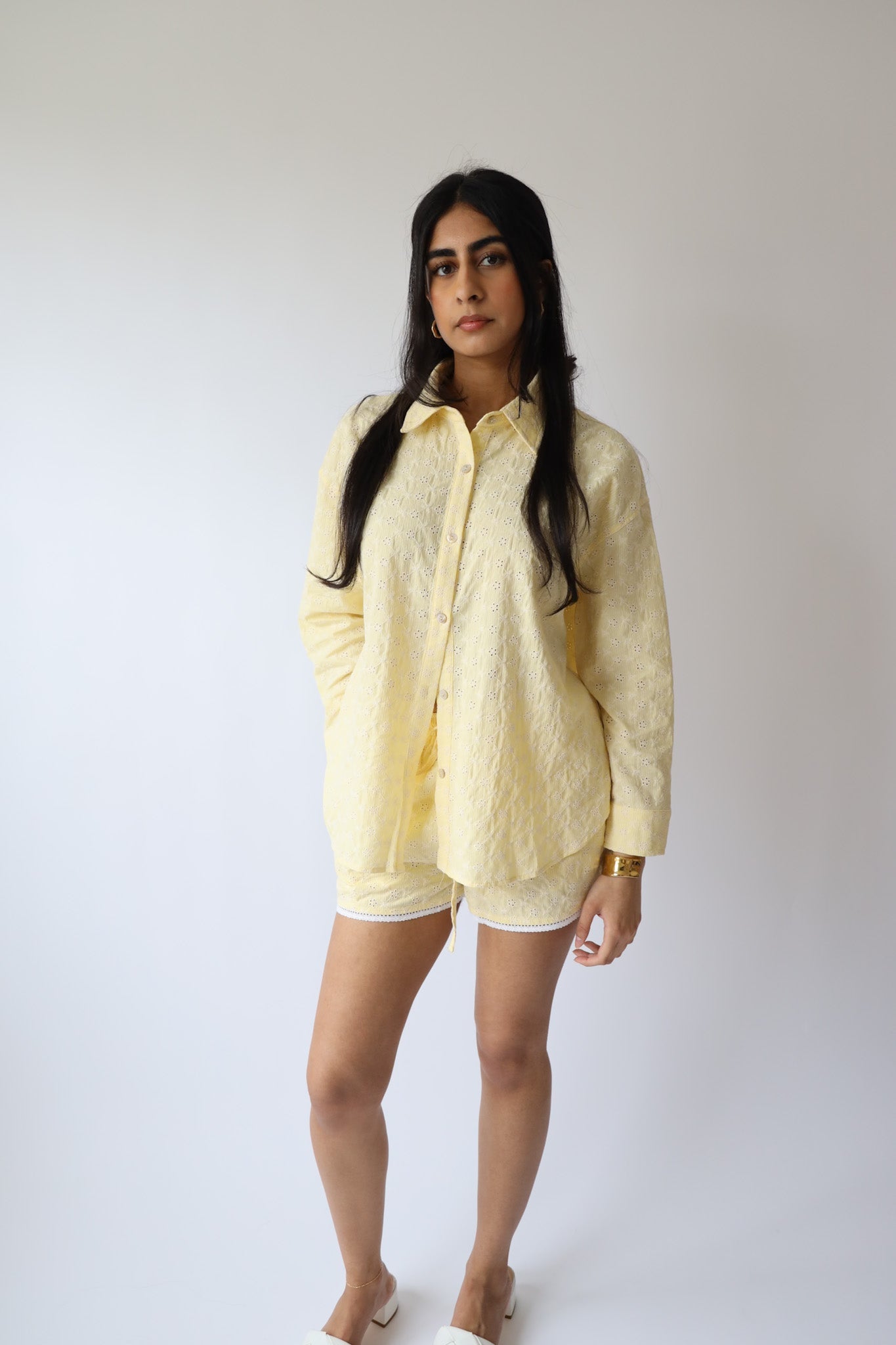 Butter Yellow Eyelet Button Down, Lace Trim Shorts, & Head Scarf (3pc set)