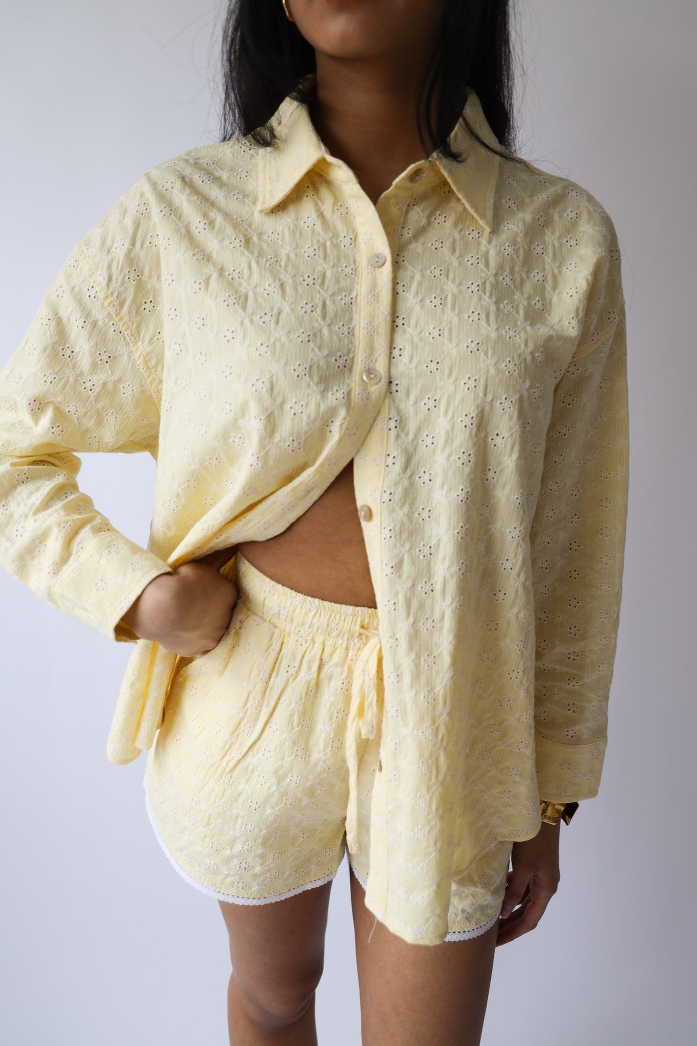 Butter Yellow Eyelet Button Down, Lace Trim Shorts, & Head Scarf (3pc set)