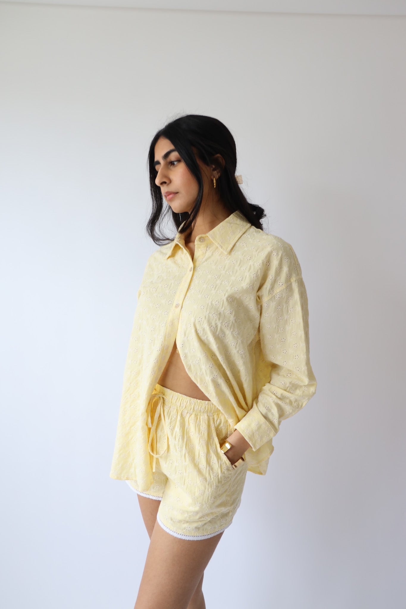 Butter Yellow Eyelet Button Down, Lace Trim Shorts, & Head Scarf (3pc set)