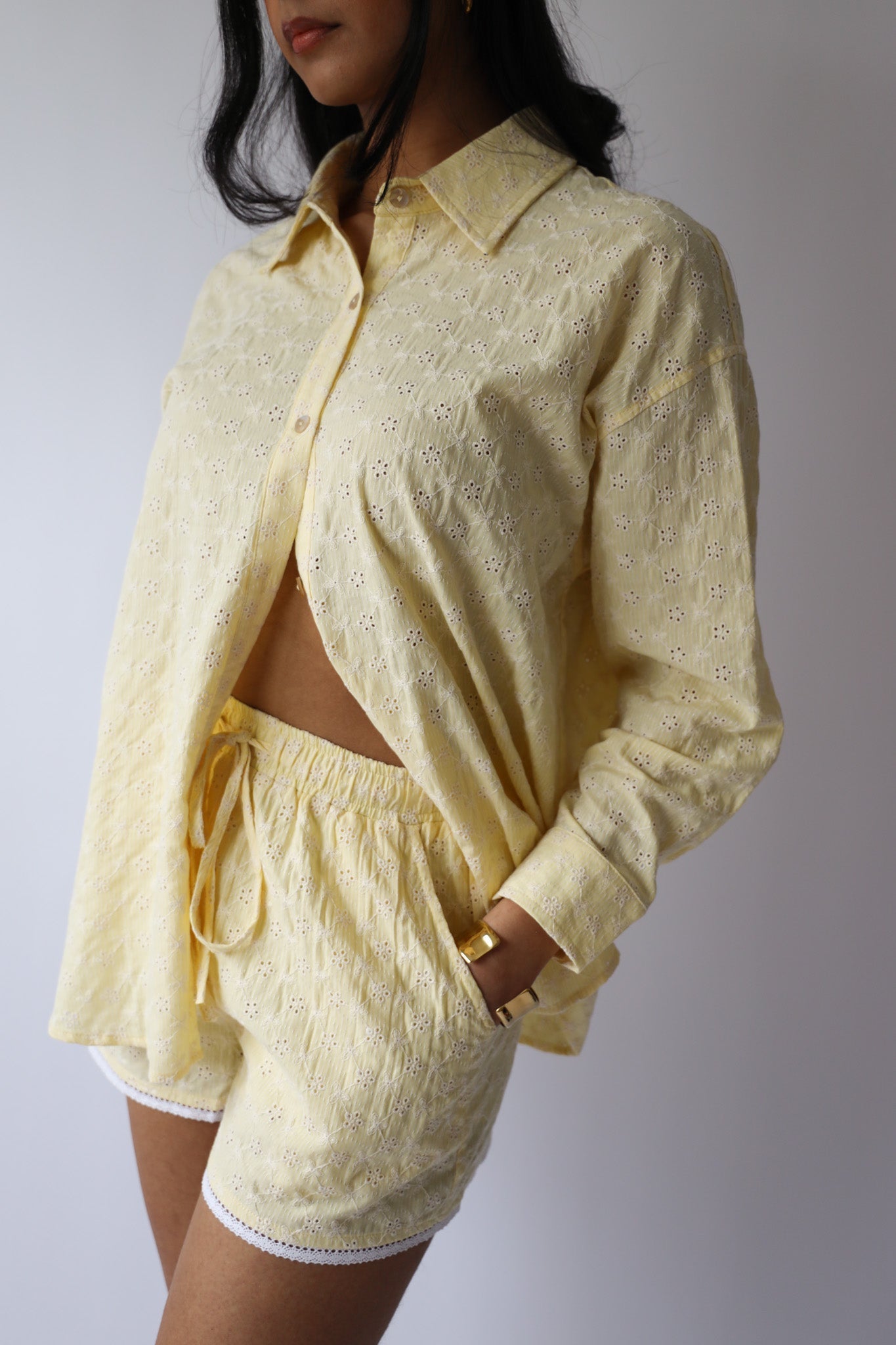 Butter Yellow Eyelet Button Down, Lace Trim Shorts, & Head Scarf (3pc set)