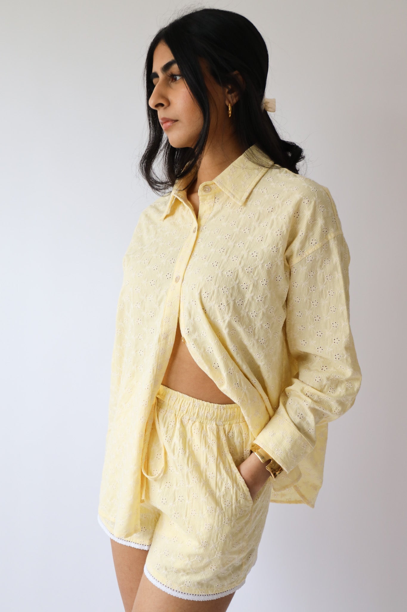 Butter Yellow Eyelet Button Down, Lace Trim Shorts, & Head Scarf (3pc set)