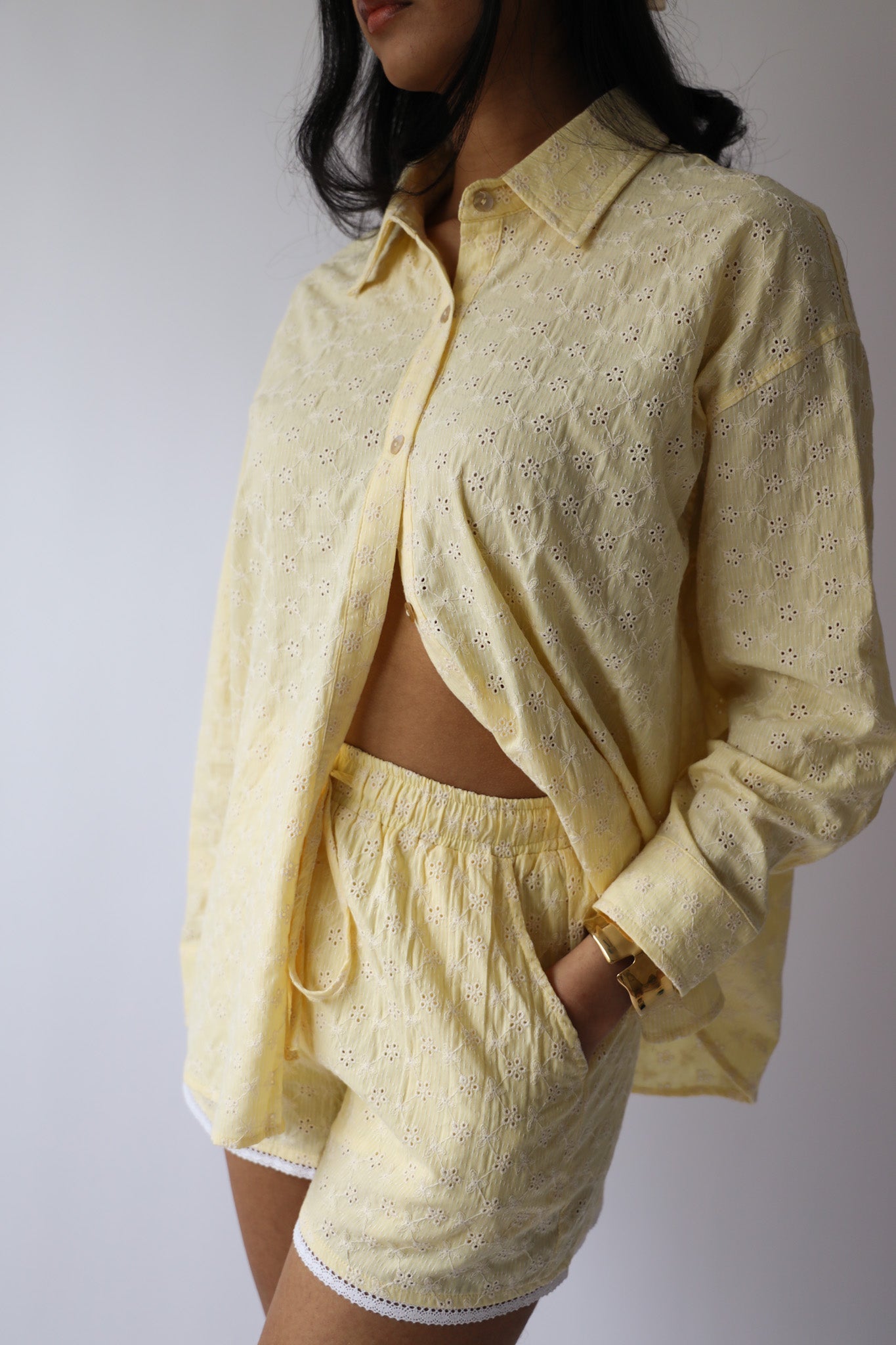Butter Yellow Eyelet Button Down, Lace Trim Shorts, & Head Scarf (3pc set)