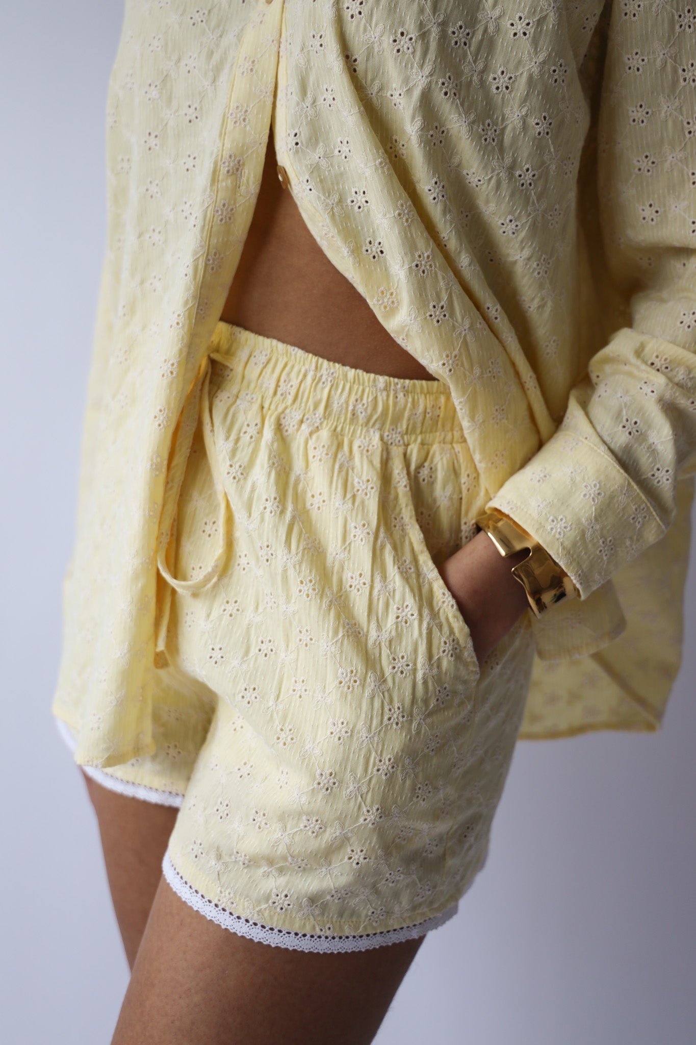 Butter Yellow Eyelet Button Down, Lace Trim Shorts, & Head Scarf (3pc set)
