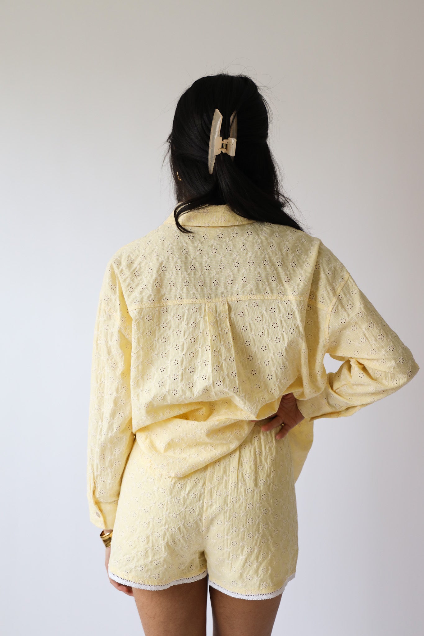 Butter Yellow Eyelet Button Down, Lace Trim Shorts, & Head Scarf (3pc set)