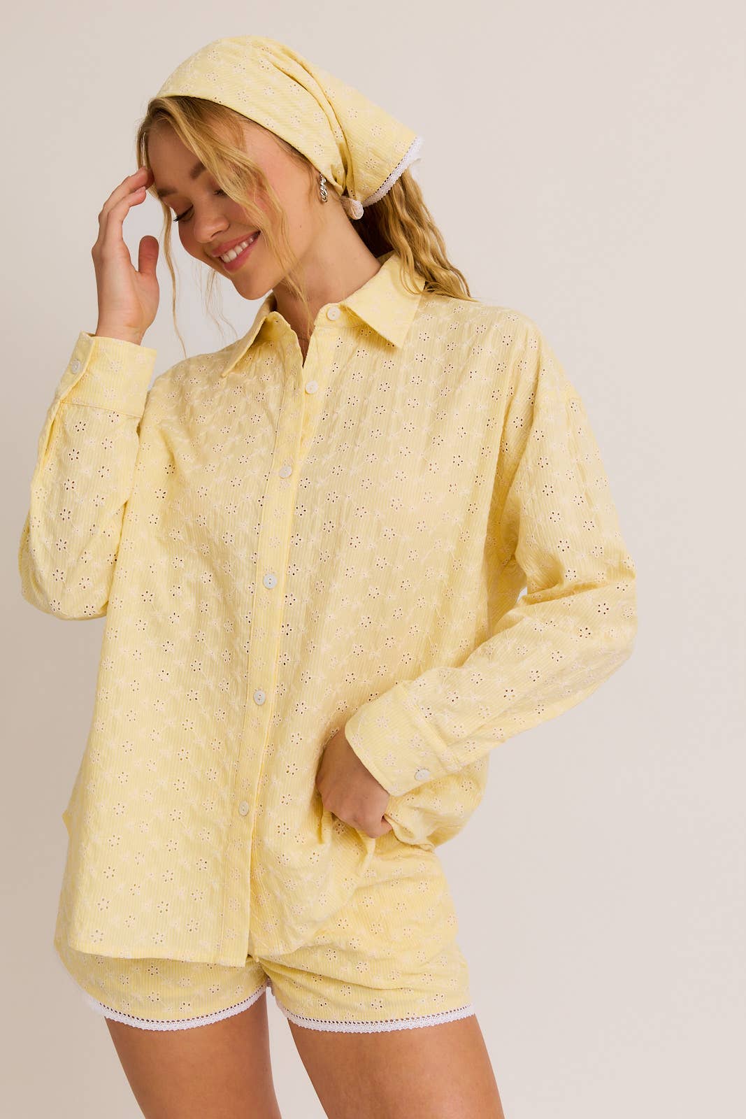 Butter Yellow Eyelet Button Down, Lace Trim Shorts, & Head Scarf (3pc set)