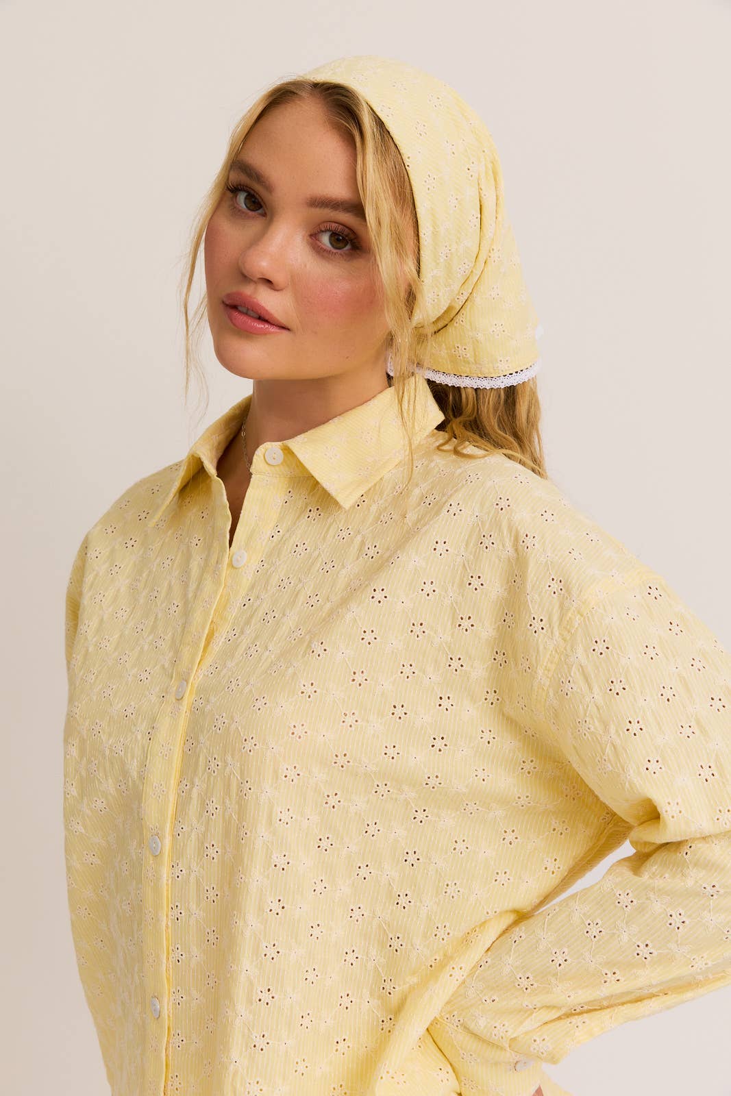 Butter Yellow Eyelet Button Down, Lace Trim Shorts, & Head Scarf (3pc set)