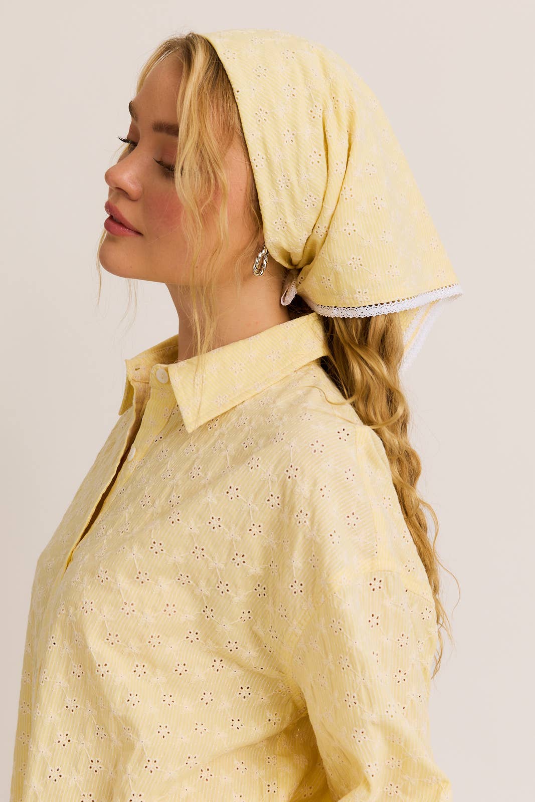 Butter Yellow Eyelet Button Down, Lace Trim Shorts, & Head Scarf (3pc set)