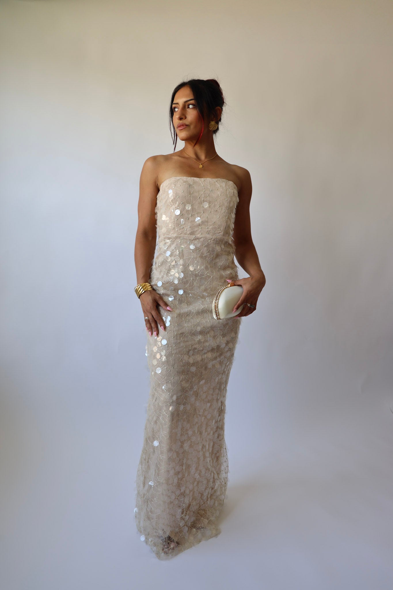 Champagne Sequin Strapless Gown