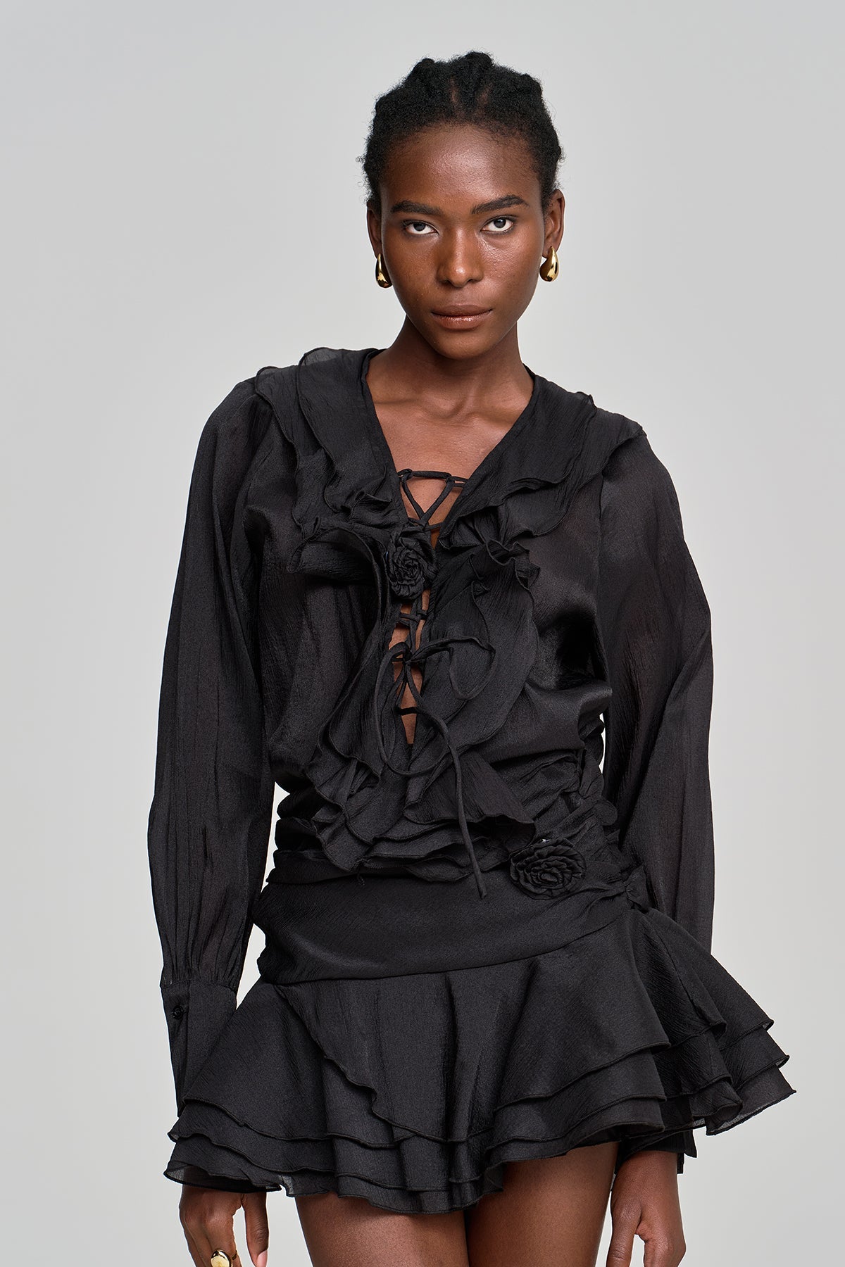Amie Lace Up Flower Ruffle Skirt Set In Black