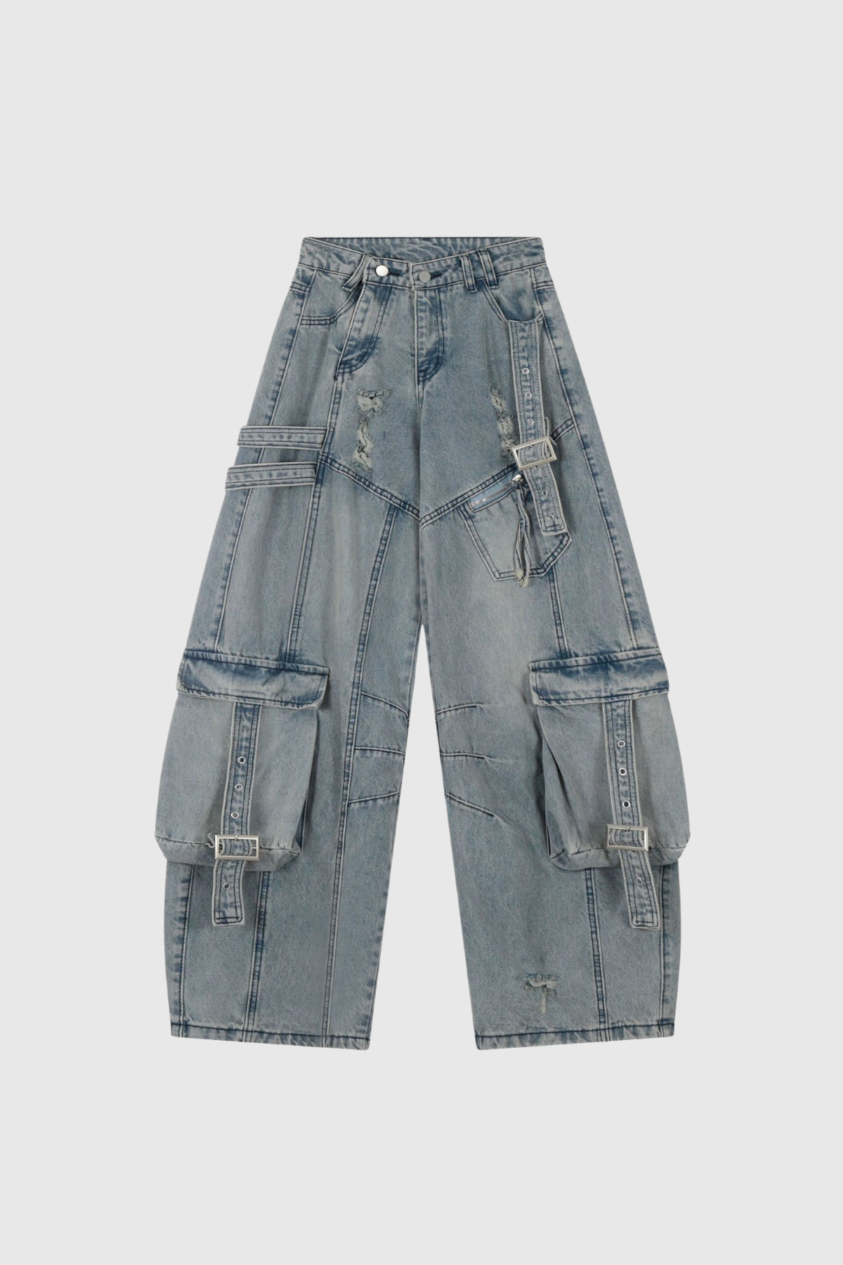 Arella Asymmetric Buckle Wide Cargo Jeans In Blue
