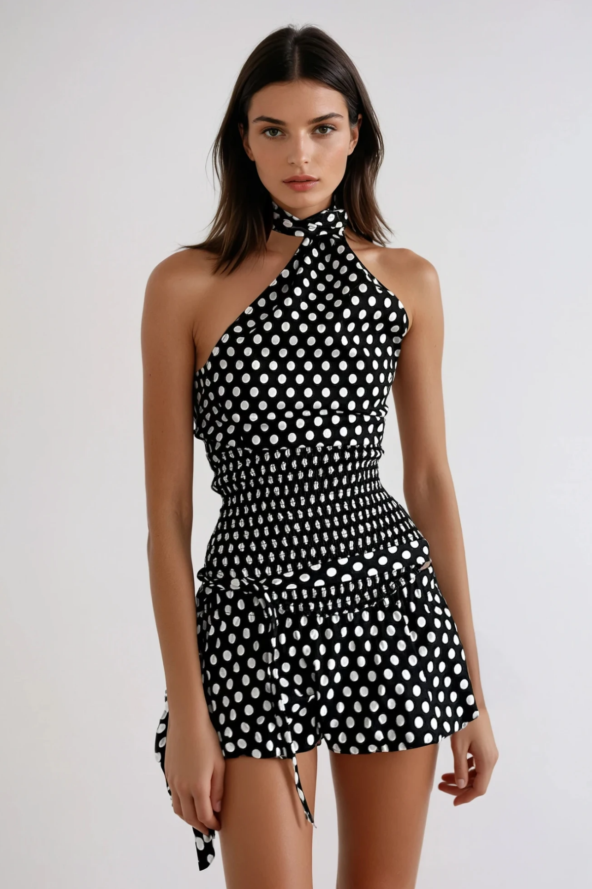 Bartek Dot Halter Neck Bow Skirt Set In Black