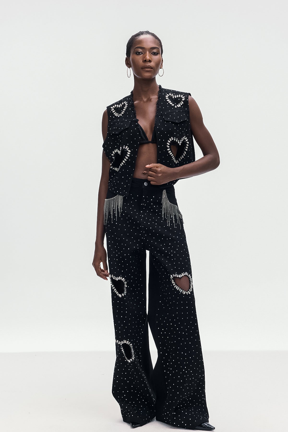 Beat Rhinestone Cutout Love Denim Pants Set