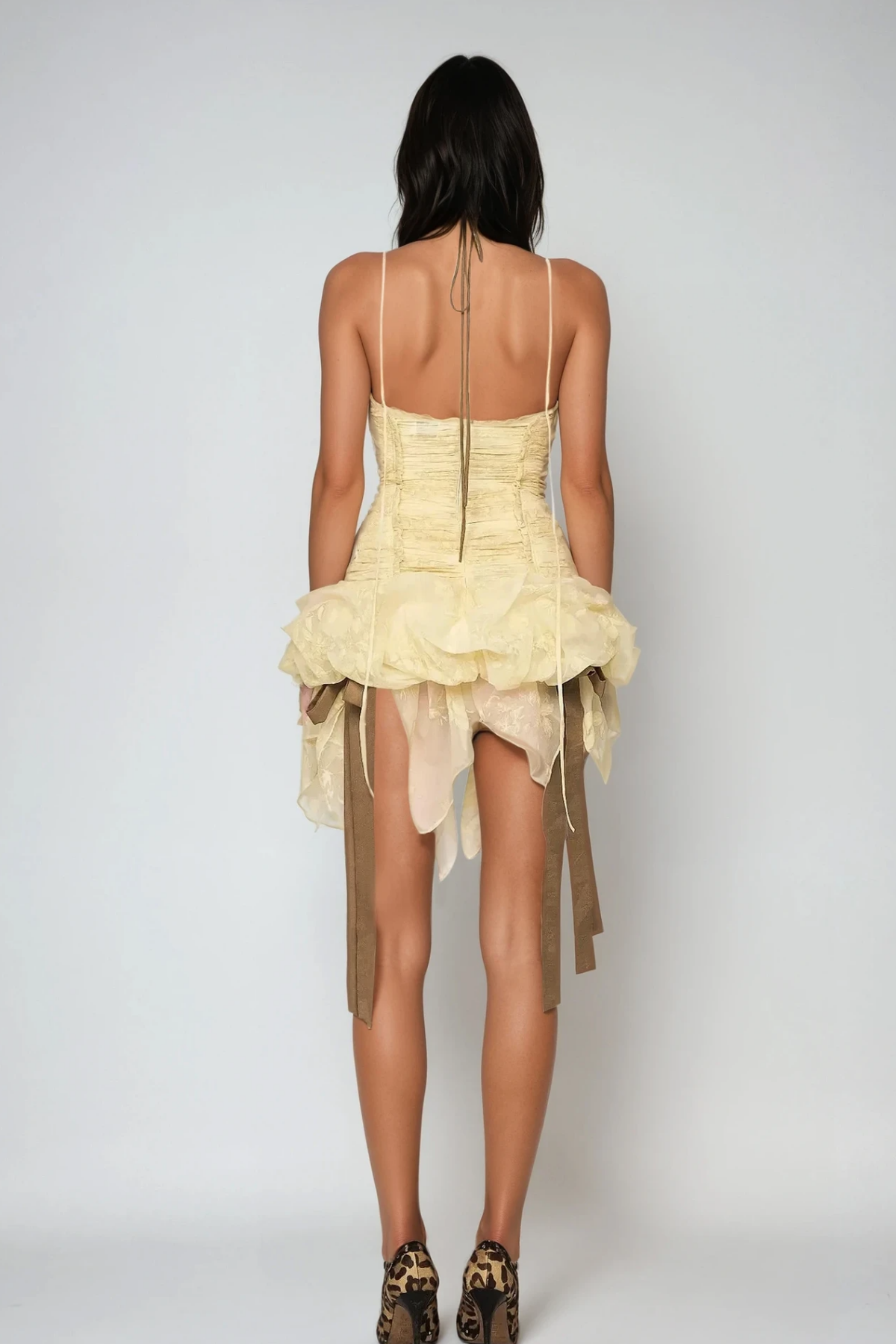 Bedagi Ruch Halter Neck Ruffle Fringe Mini Dress