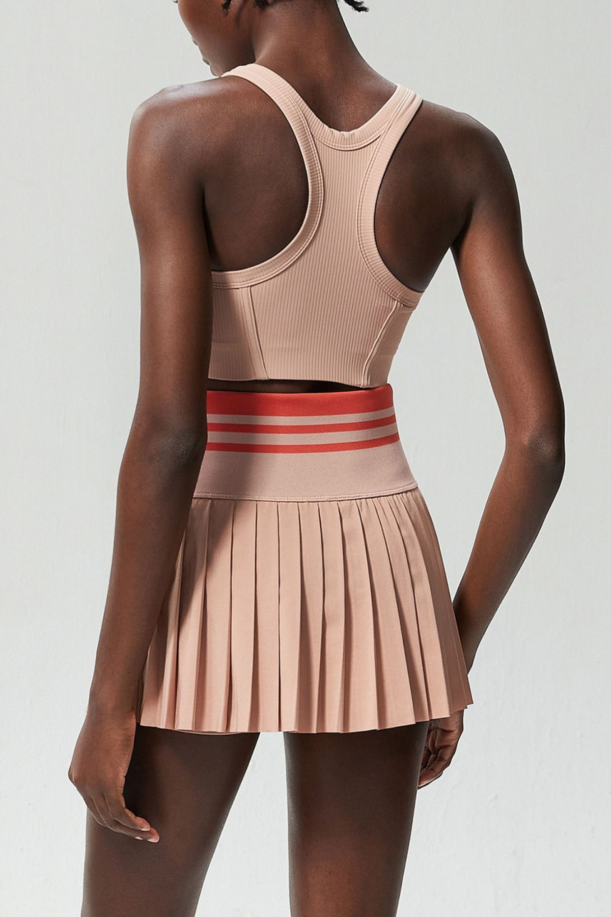 Beile Stripe Sleeveless Bodycon Ruch Skirt Set In Apricot