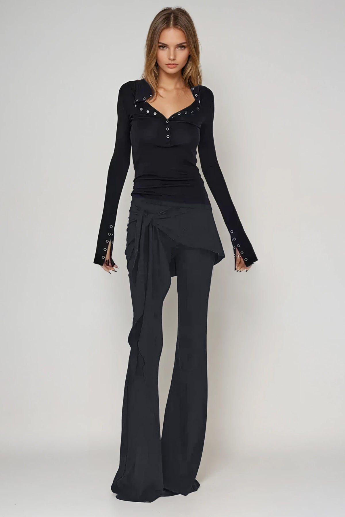 Bessie Skinny Flared Pants With Knot Tie
