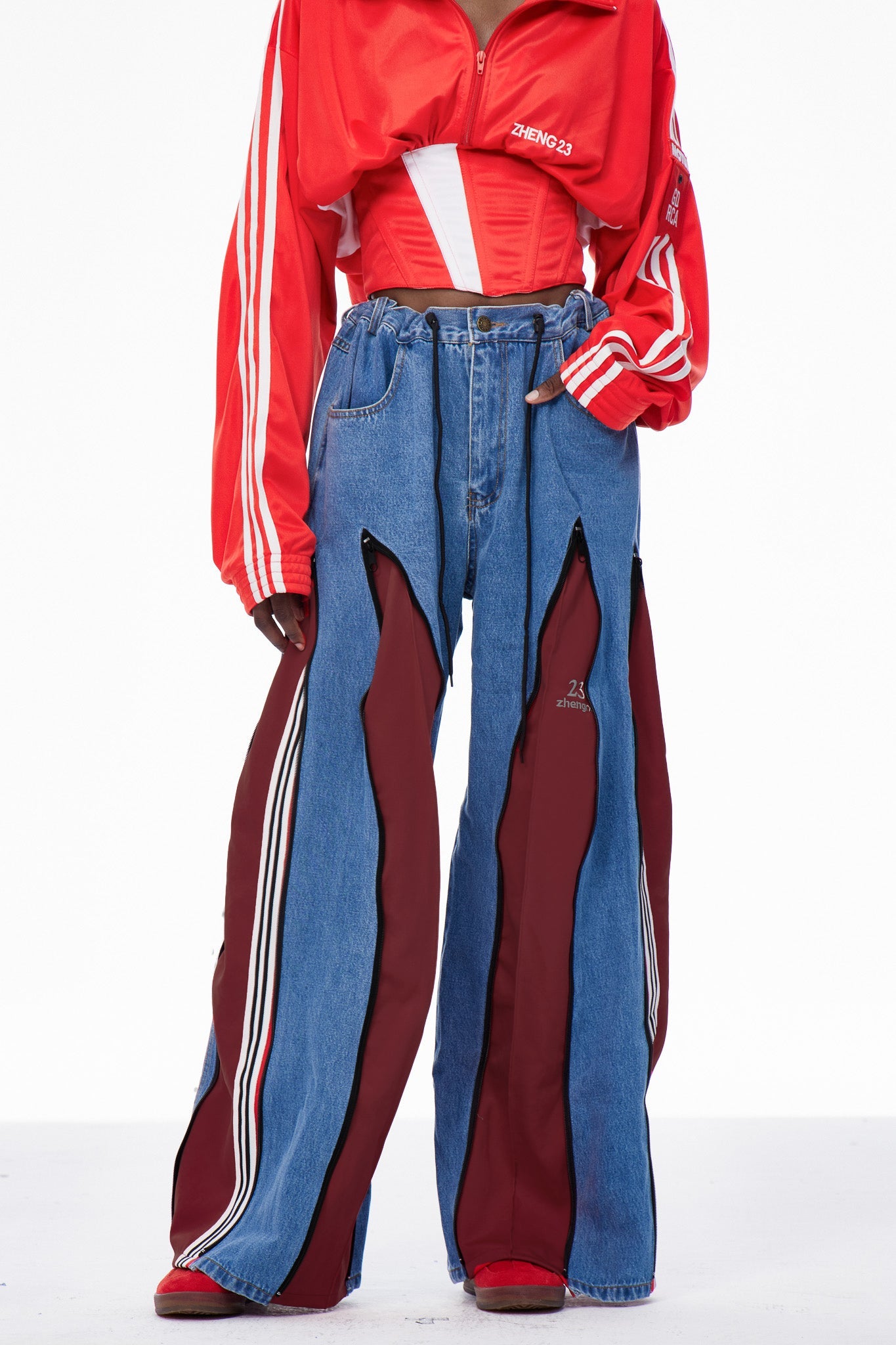 Caprina Deconstruct Zipper Stripe Jeans In Deep Red