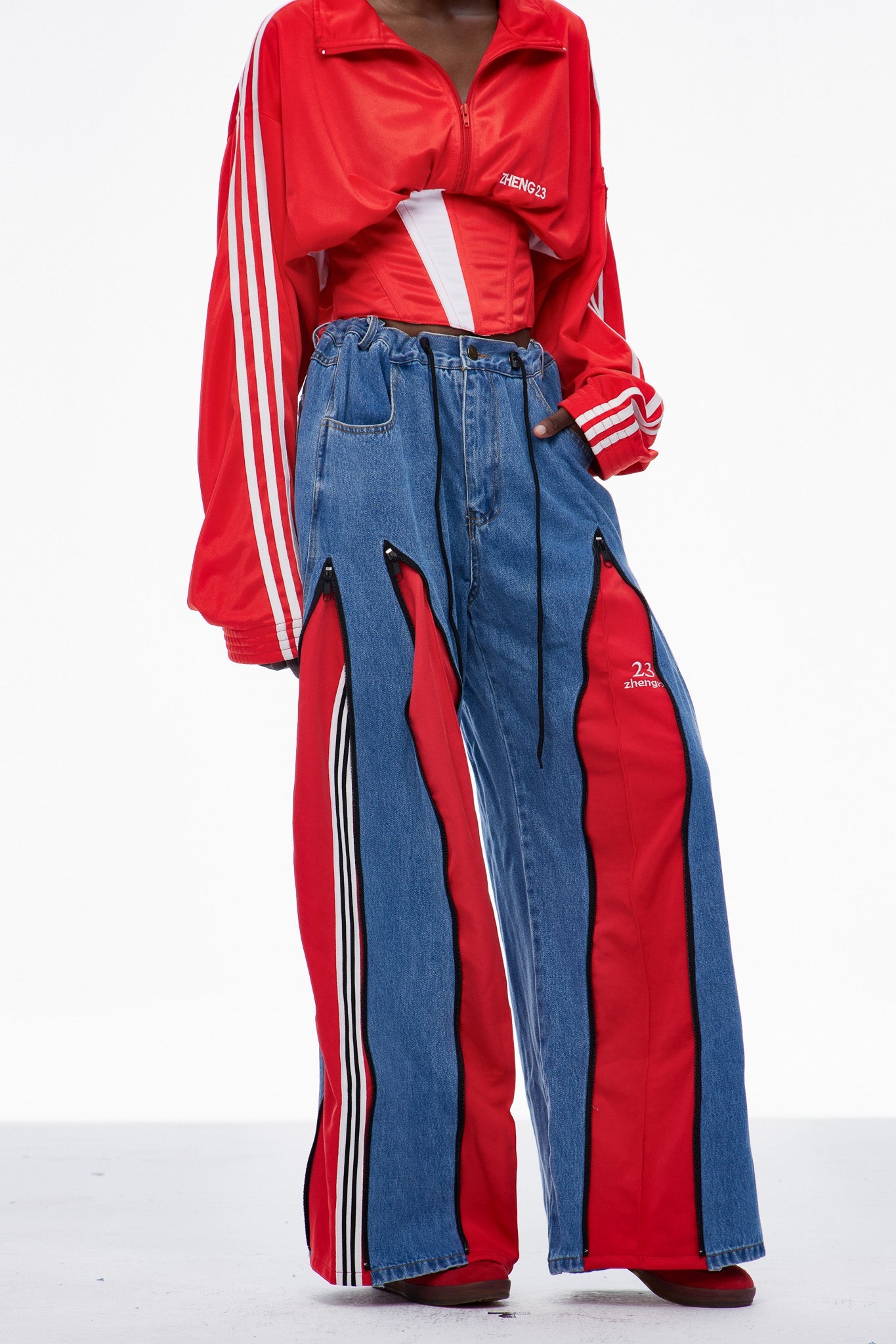 Caprina Deconstruct Zipper Stripe Jeans In Red