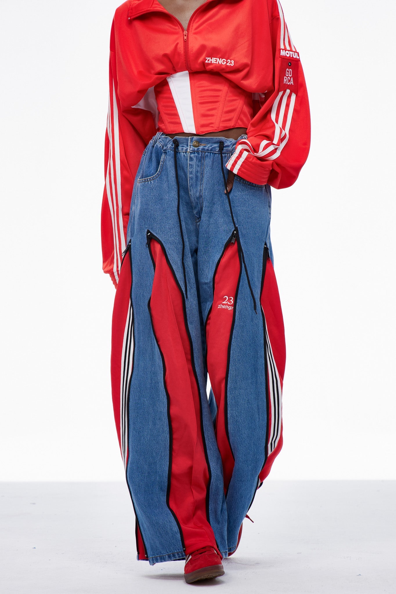 Caprina Deconstruct Zipper Stripe Jeans In Red