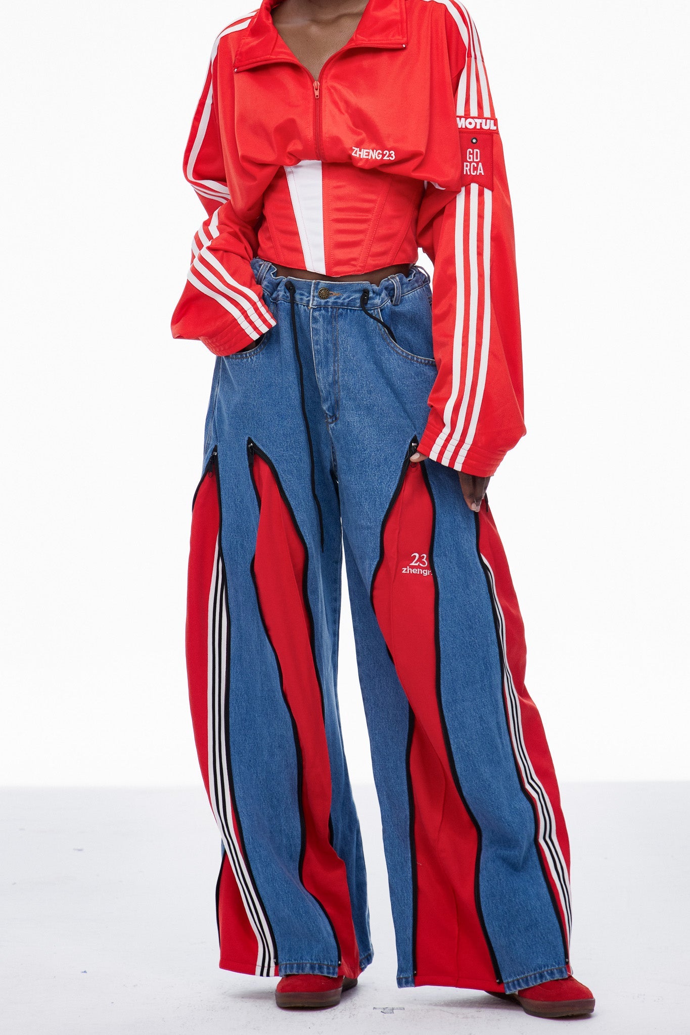 Caprina Deconstruct Zipper Stripe Jeans In Red