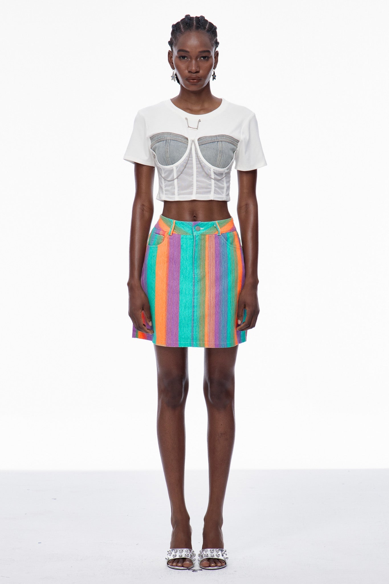 Cara Stripe Denim Mini Skirt In Green
