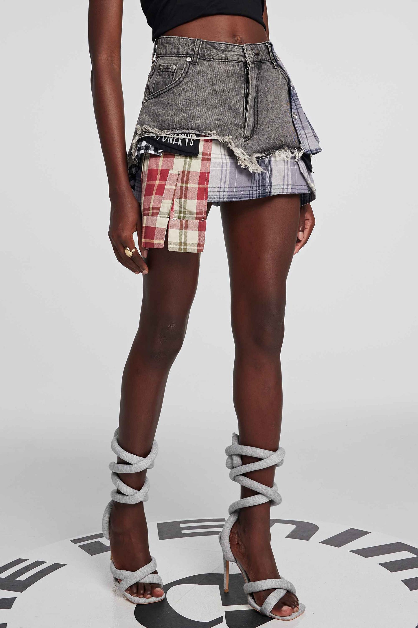 Kenna Grid Deconstruct Patchwork Mini Skirt In Black