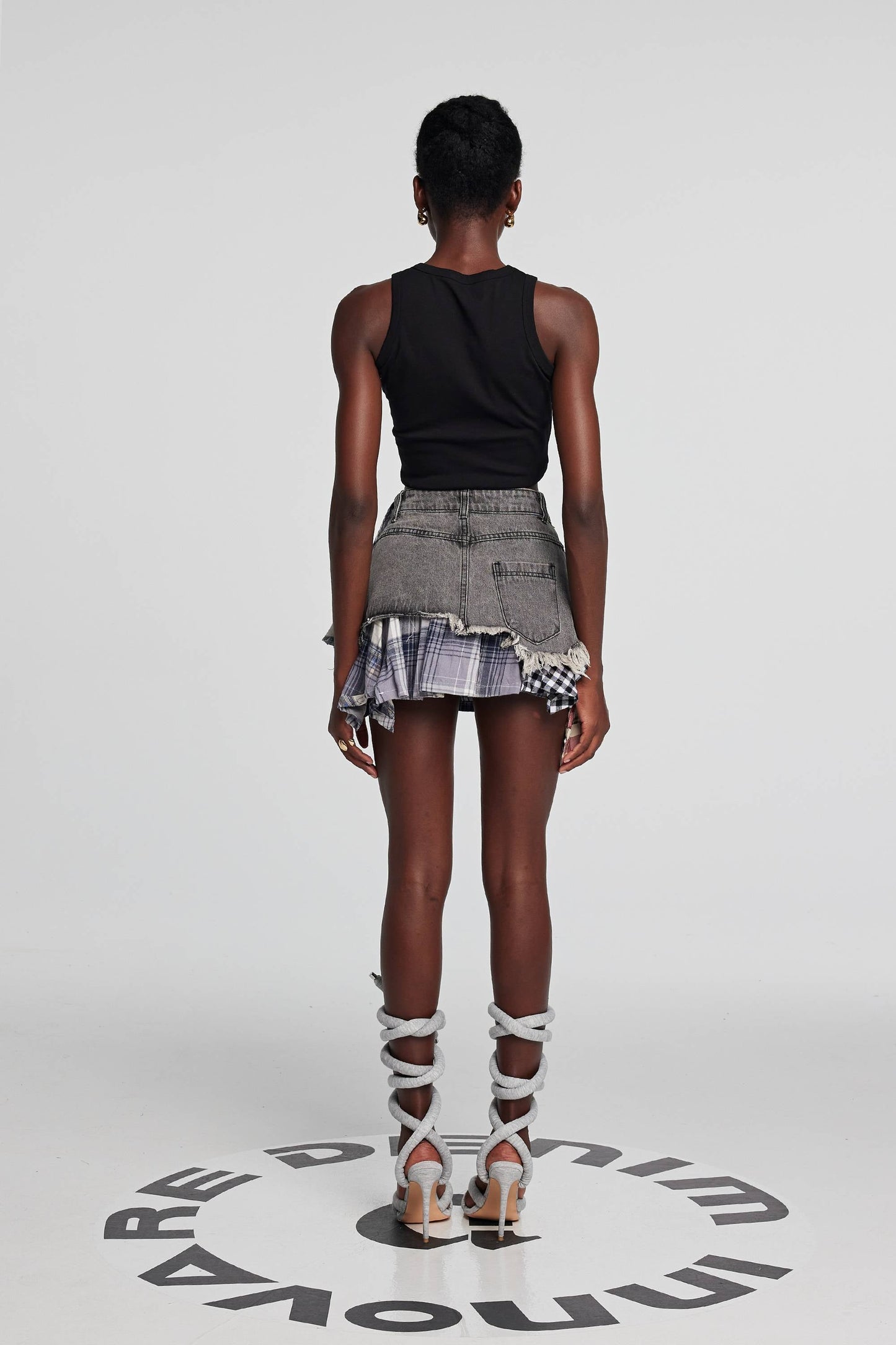 Kenna Grid Deconstruct Patchwork Mini Skirt In Black