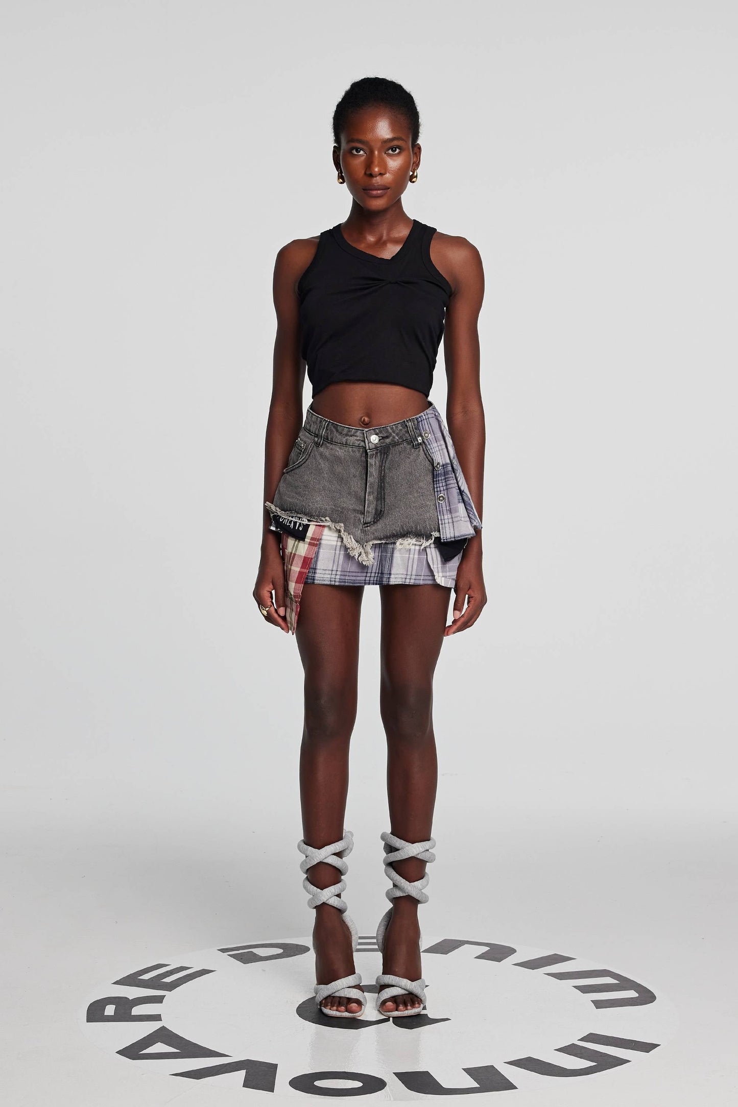 Kenna Grid Deconstruct Patchwork Mini Skirt In Black