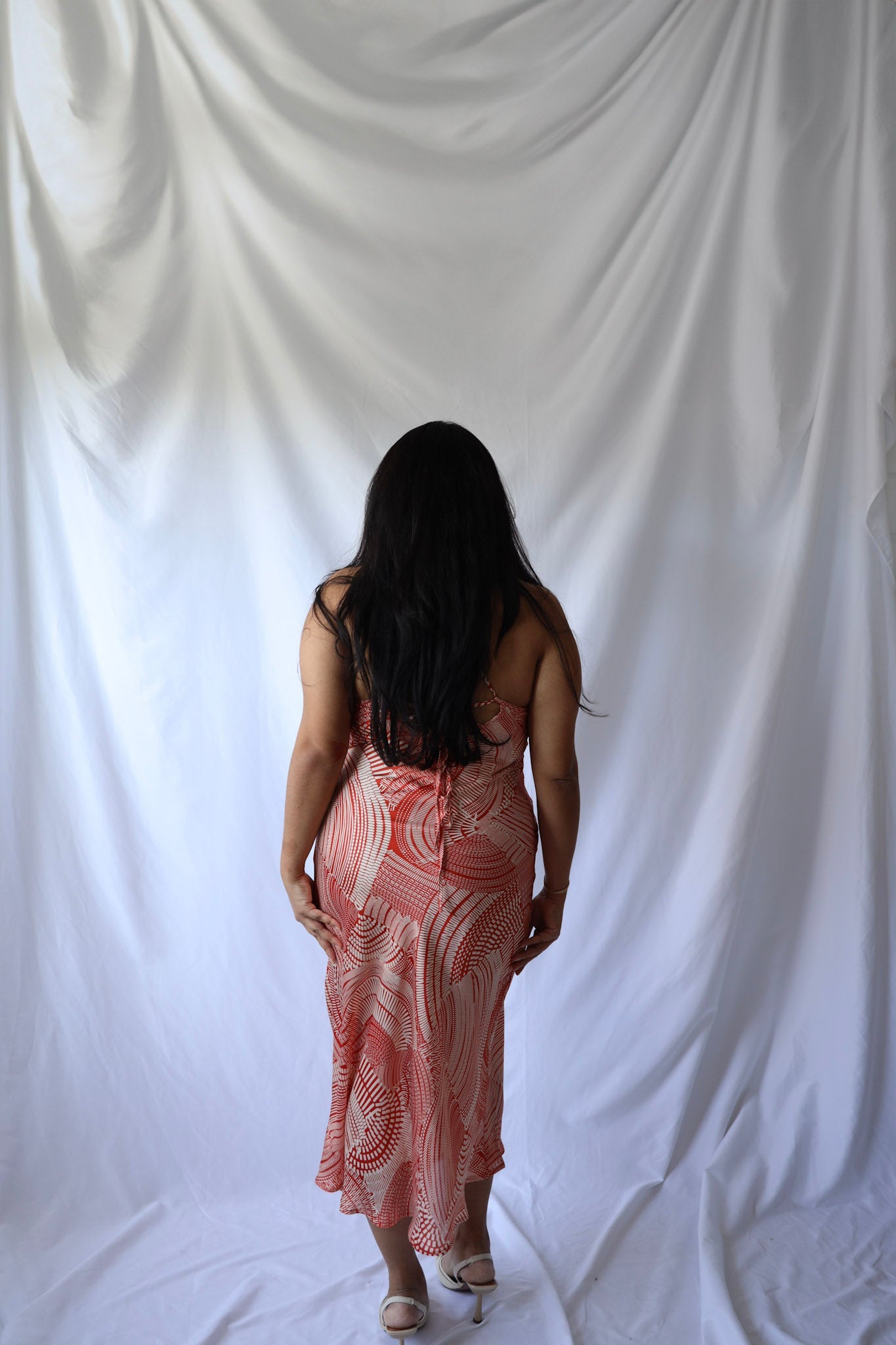 Red Patterned Criss Cross Midi Dress