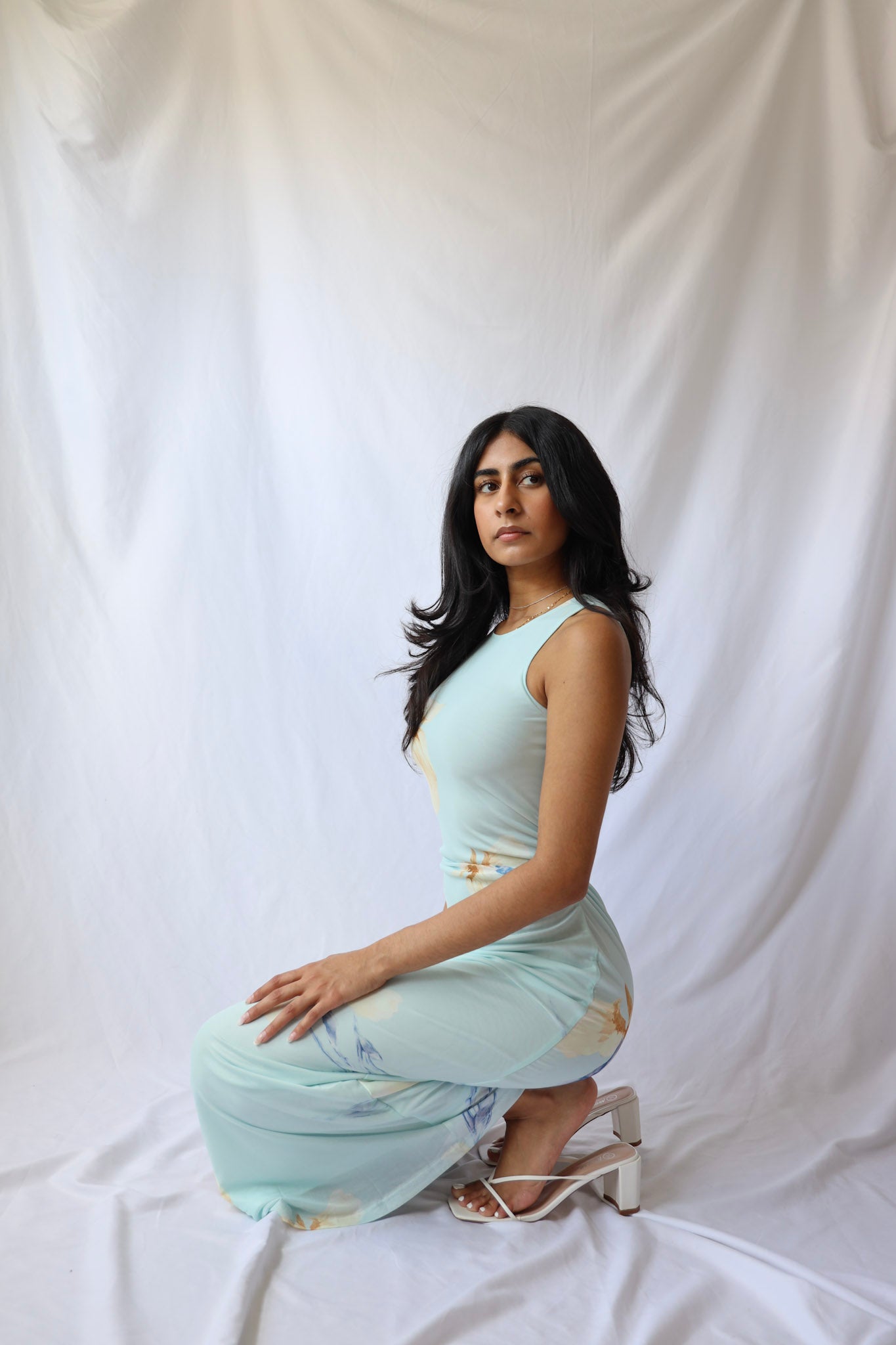 Baby Blue Mesh Floral Maxi Dress