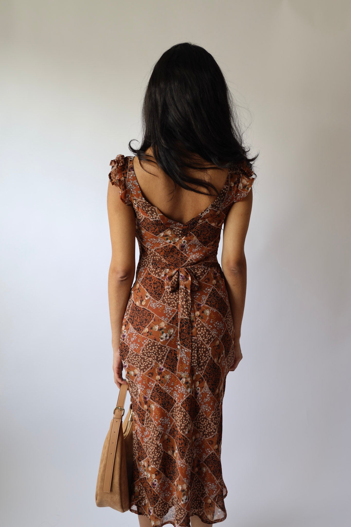 Brown Floral Patchwork Chiffon Bias Long Dress