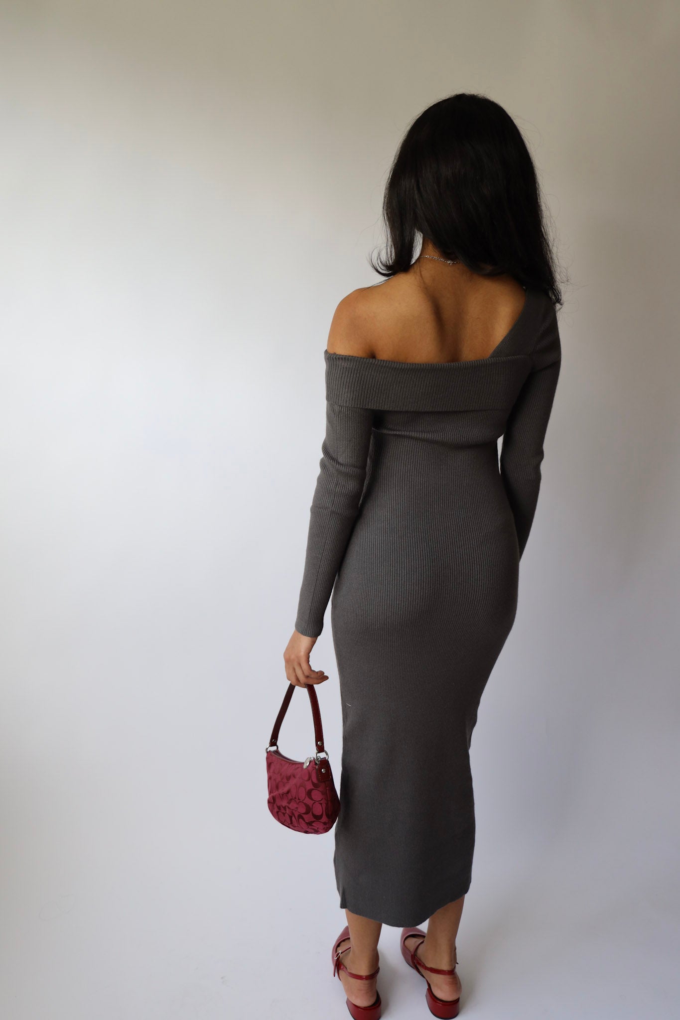 Ribbed Asymmetric Off Shoulder Sweater Maxi Dress
