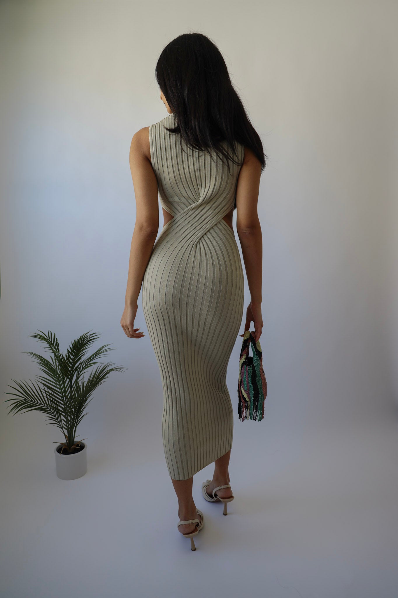 Khaki Waist Cut Ribbed Knit Dress