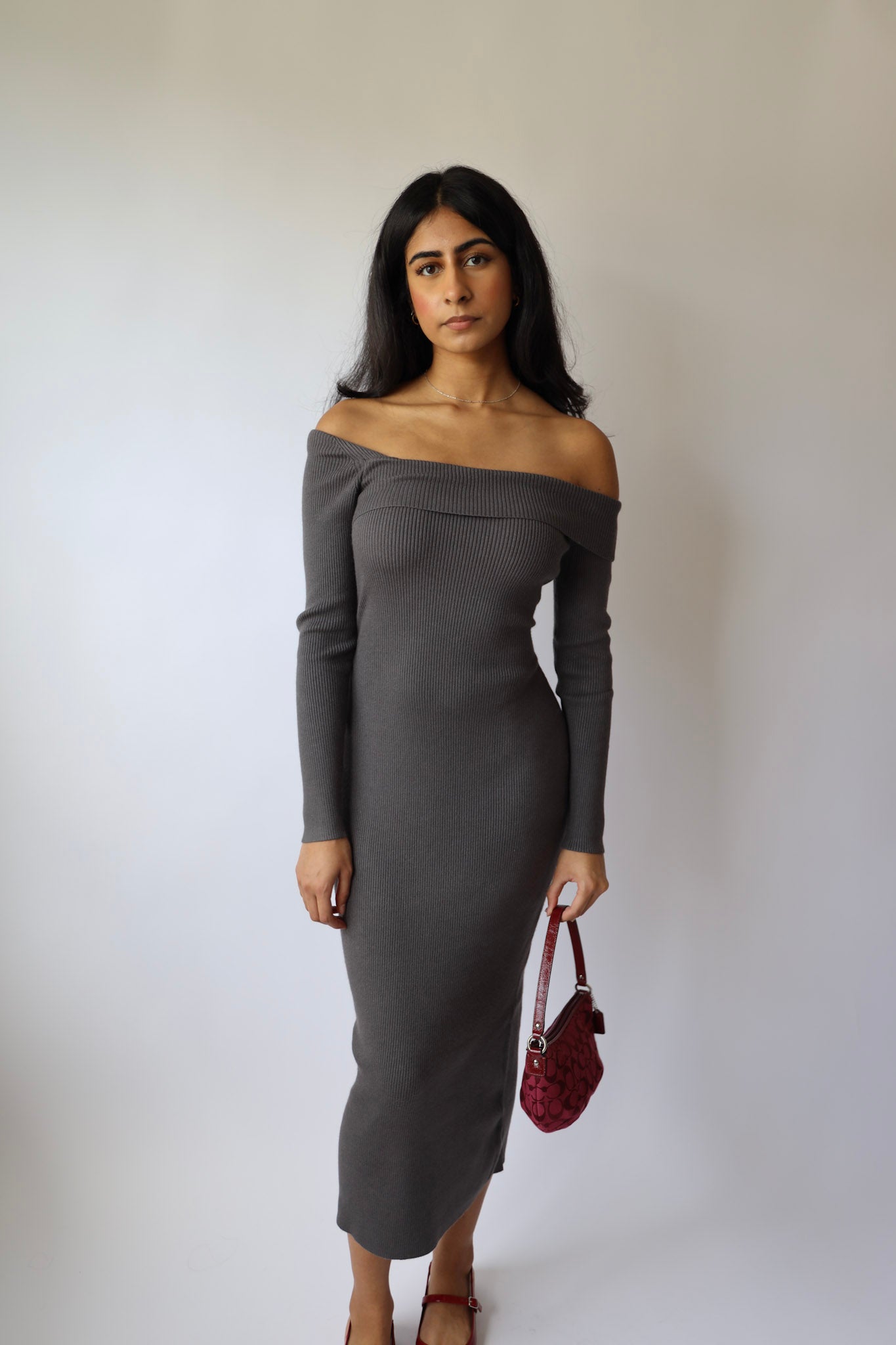 Ribbed Asymmetric Off Shoulder Sweater Maxi Dress