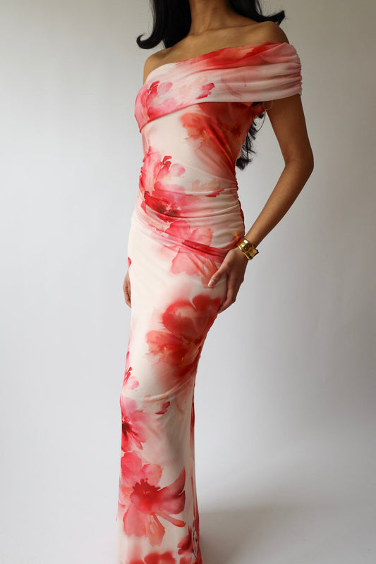 Pink Watercolor Off-Shoulder Maxi Dress * Final Sale *