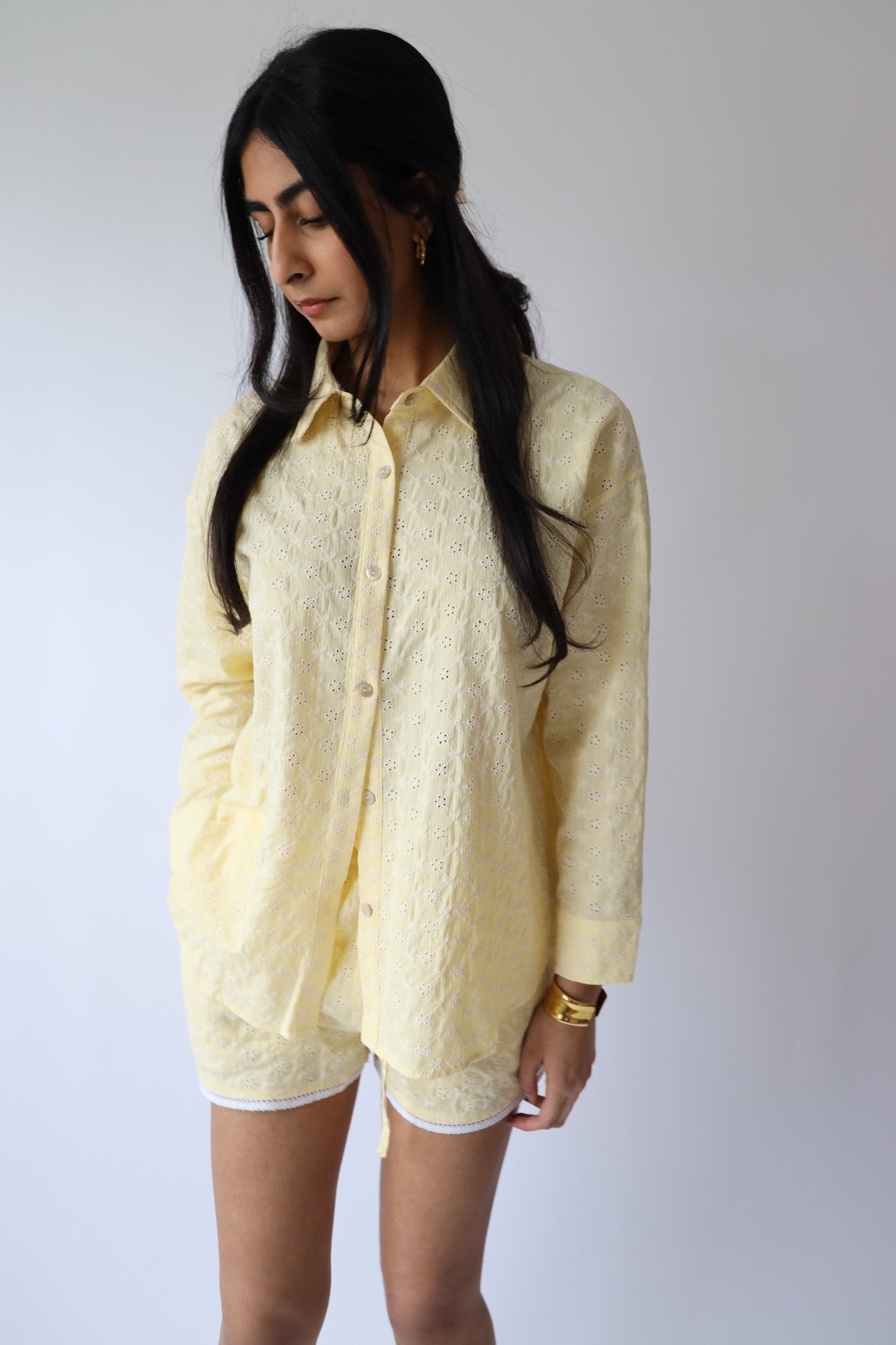 Butter Yellow Eyelet Button Down, Lace Trim Shorts, & Head Scarf (3pc set)