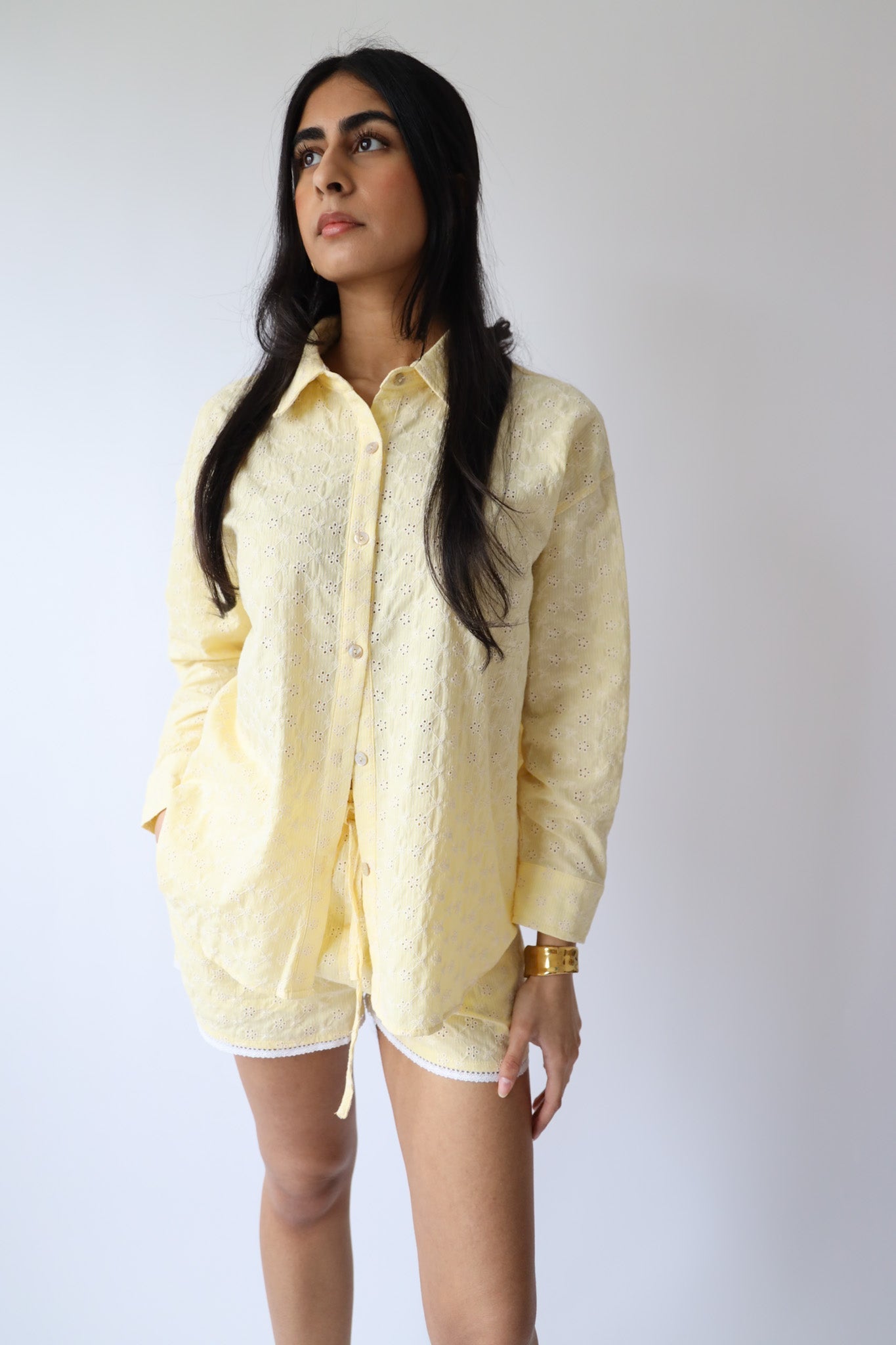 Butter Yellow Eyelet Button Down, Lace Trim Shorts, & Head Scarf (3pc set)