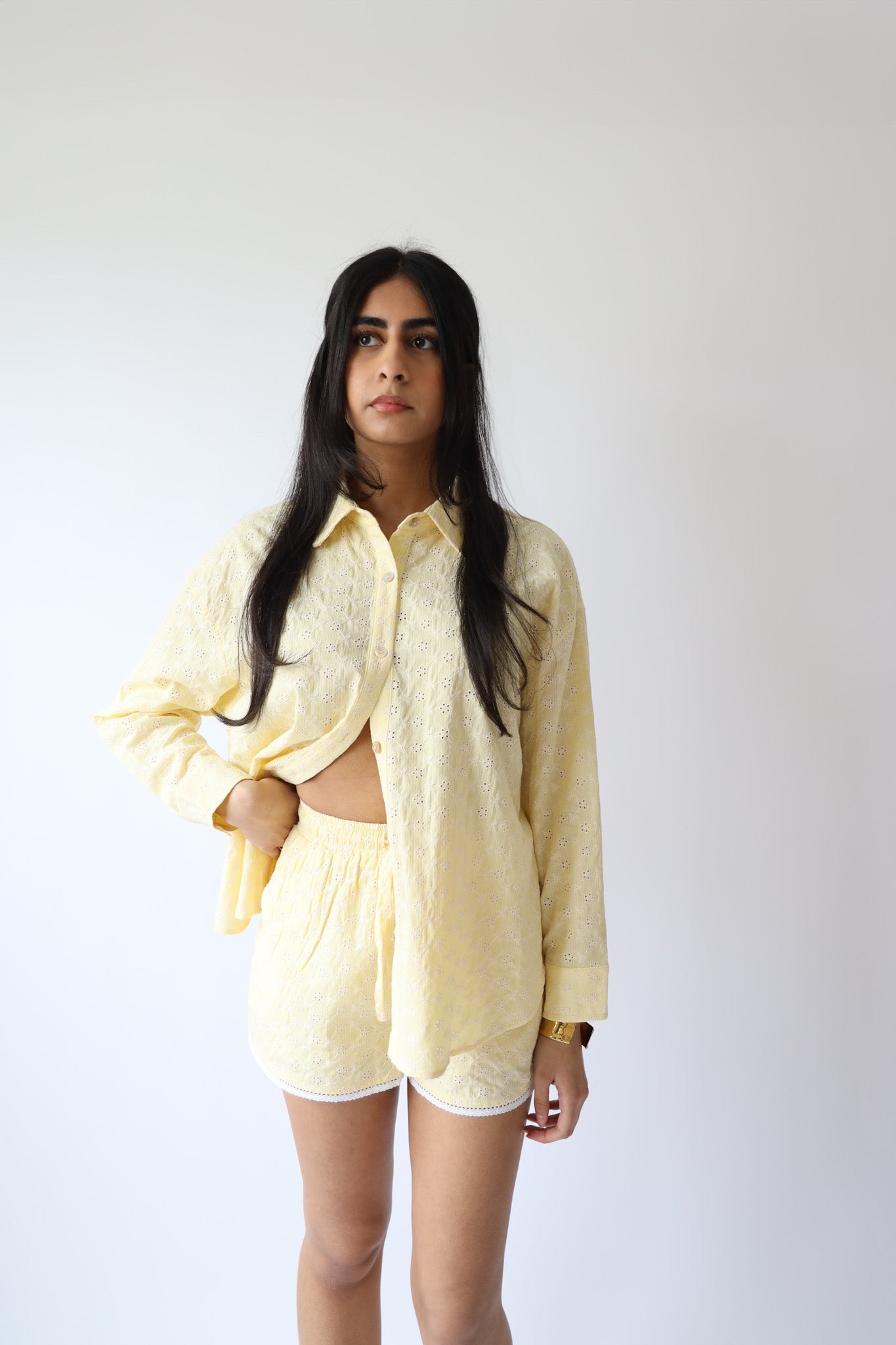 Butter Yellow Eyelet Button Down, Lace Trim Shorts, & Head Scarf (3pc set)