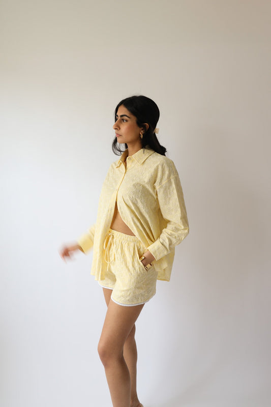 Butter Yellow Eyelet Button Down, Lace Trim Shorts, & Head Scarf (3pc set)