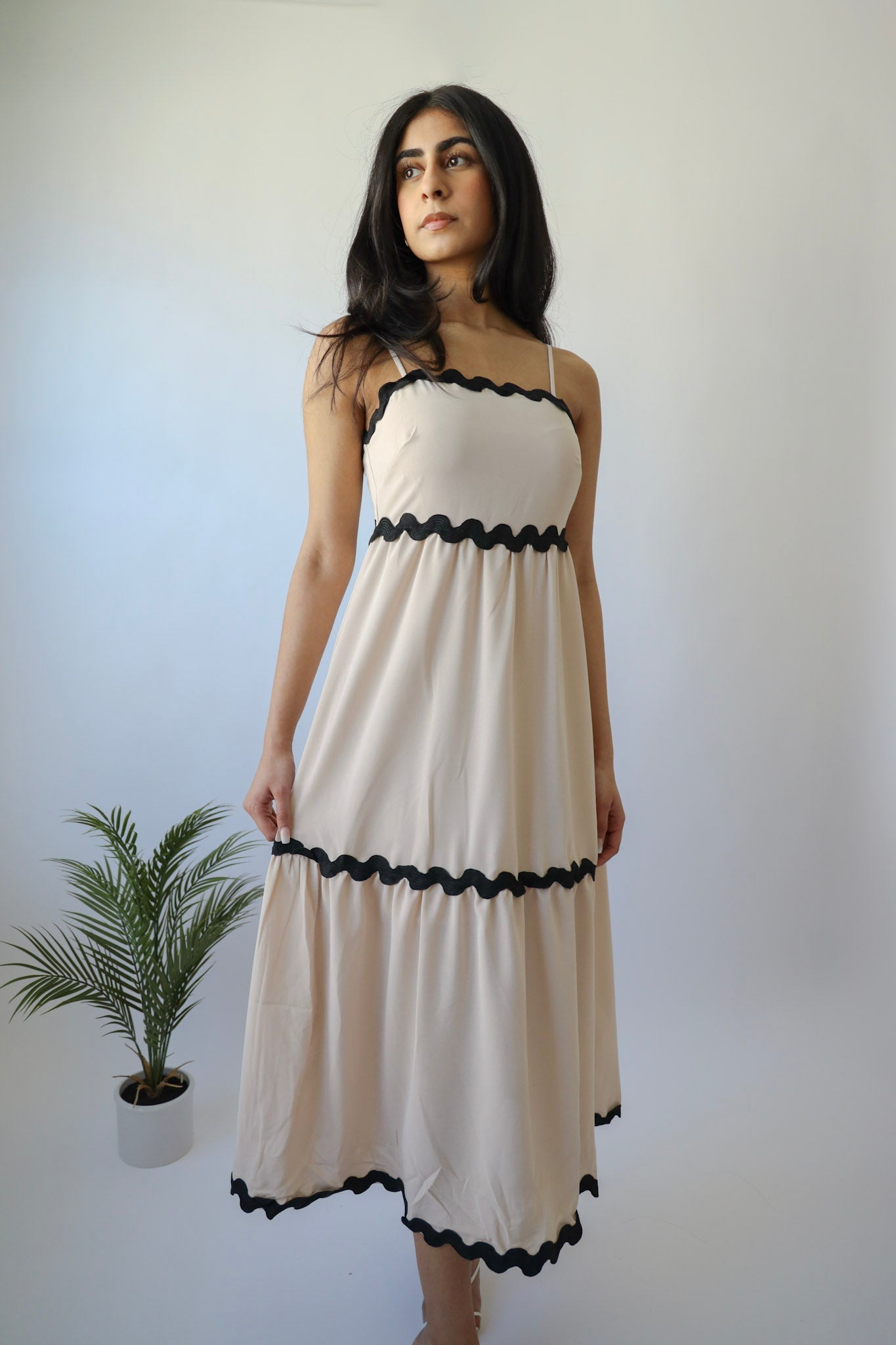 Cream & Black Ric Rac Trim Detail Maxi Strap Dress