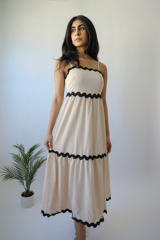 Cream & Black Ric Rac Trim Detail Maxi Strap Dress