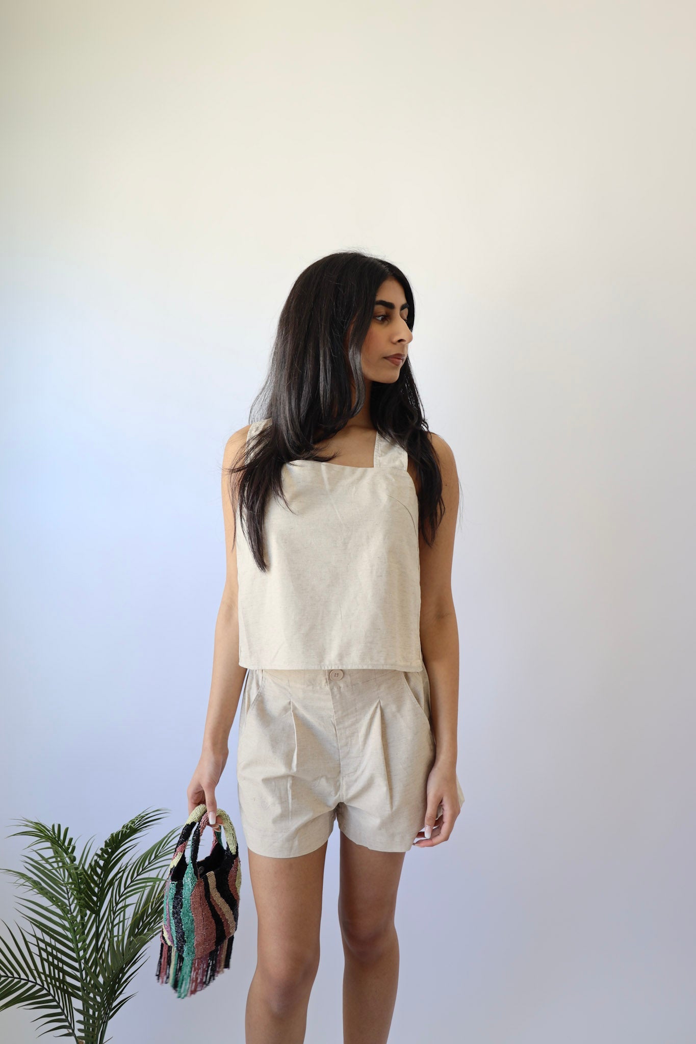 Cream Linen Elastic Waist Band Shorts