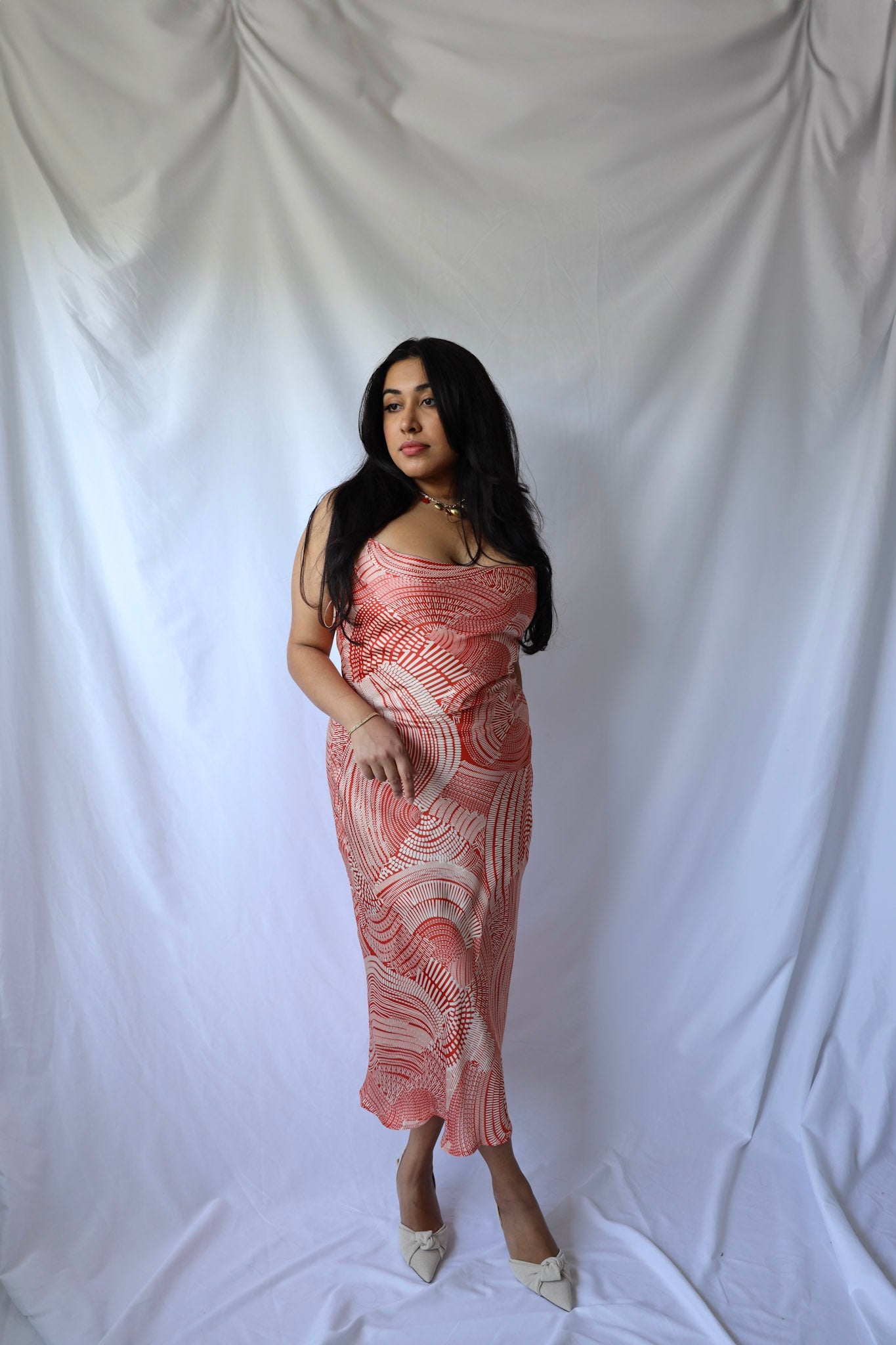 Red Patterned Criss Cross Midi Dress