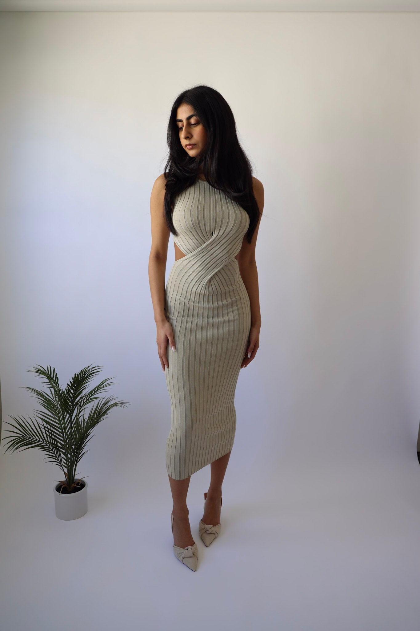 Khaki Waist Cut Ribbed Knit Dress