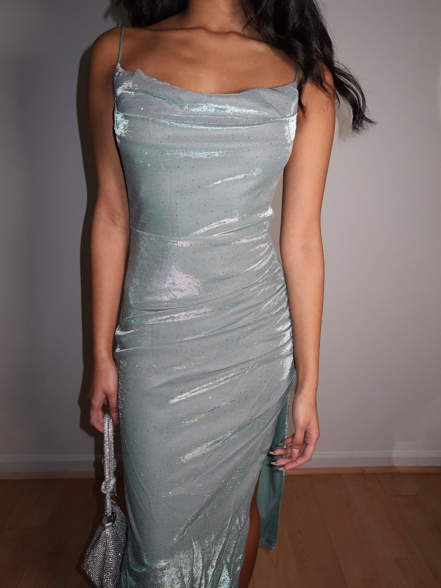 Lurex Rhinestone Cowl Neck Midi Dress