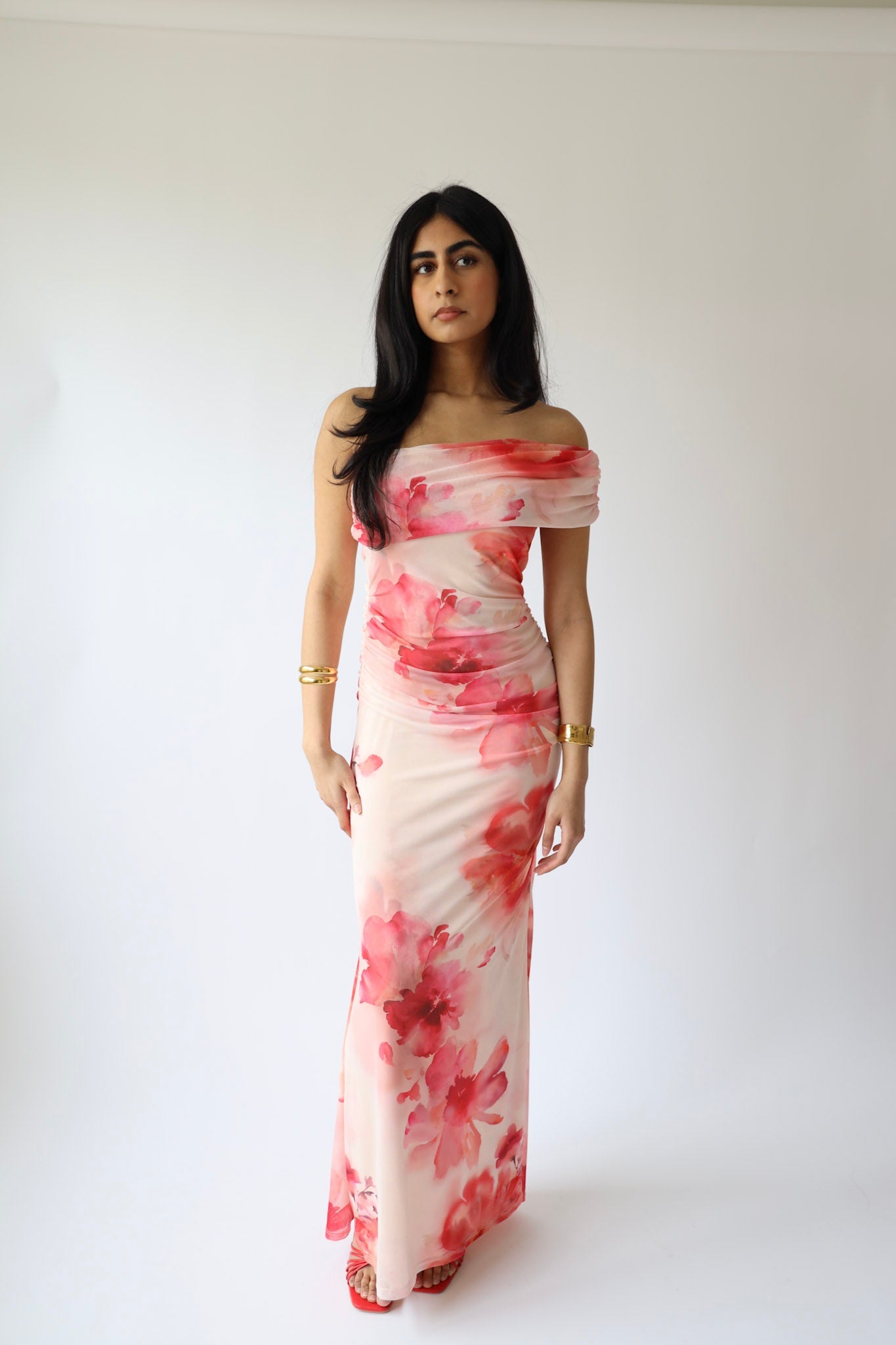 Pink Watercolor Off-Shoulder Maxi Dress * Final Sale *
