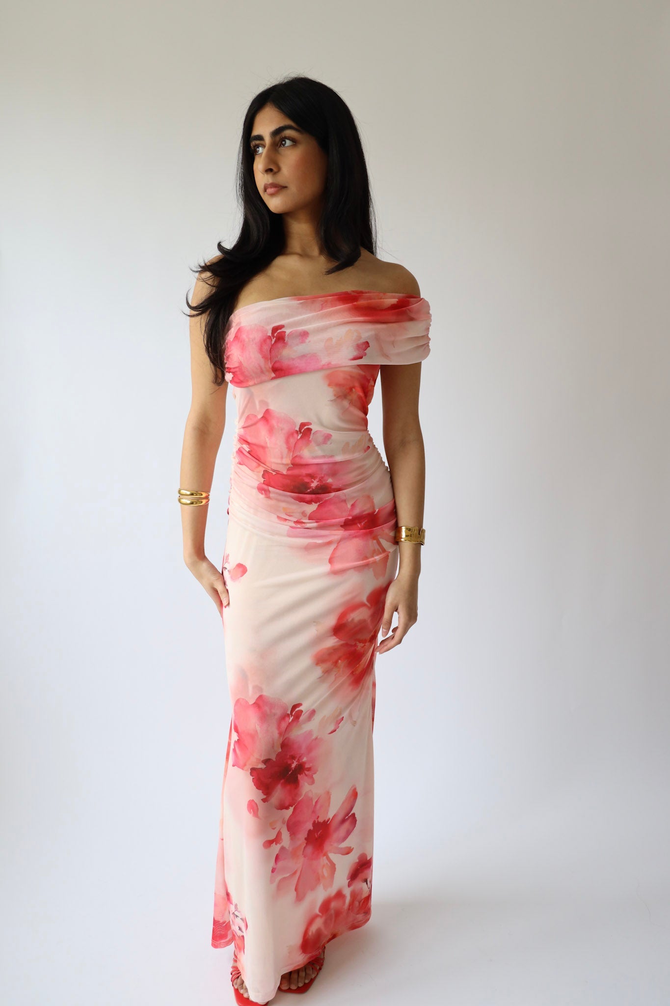 Pink Watercolor Off-Shoulder Maxi Dress * Final Sale *
