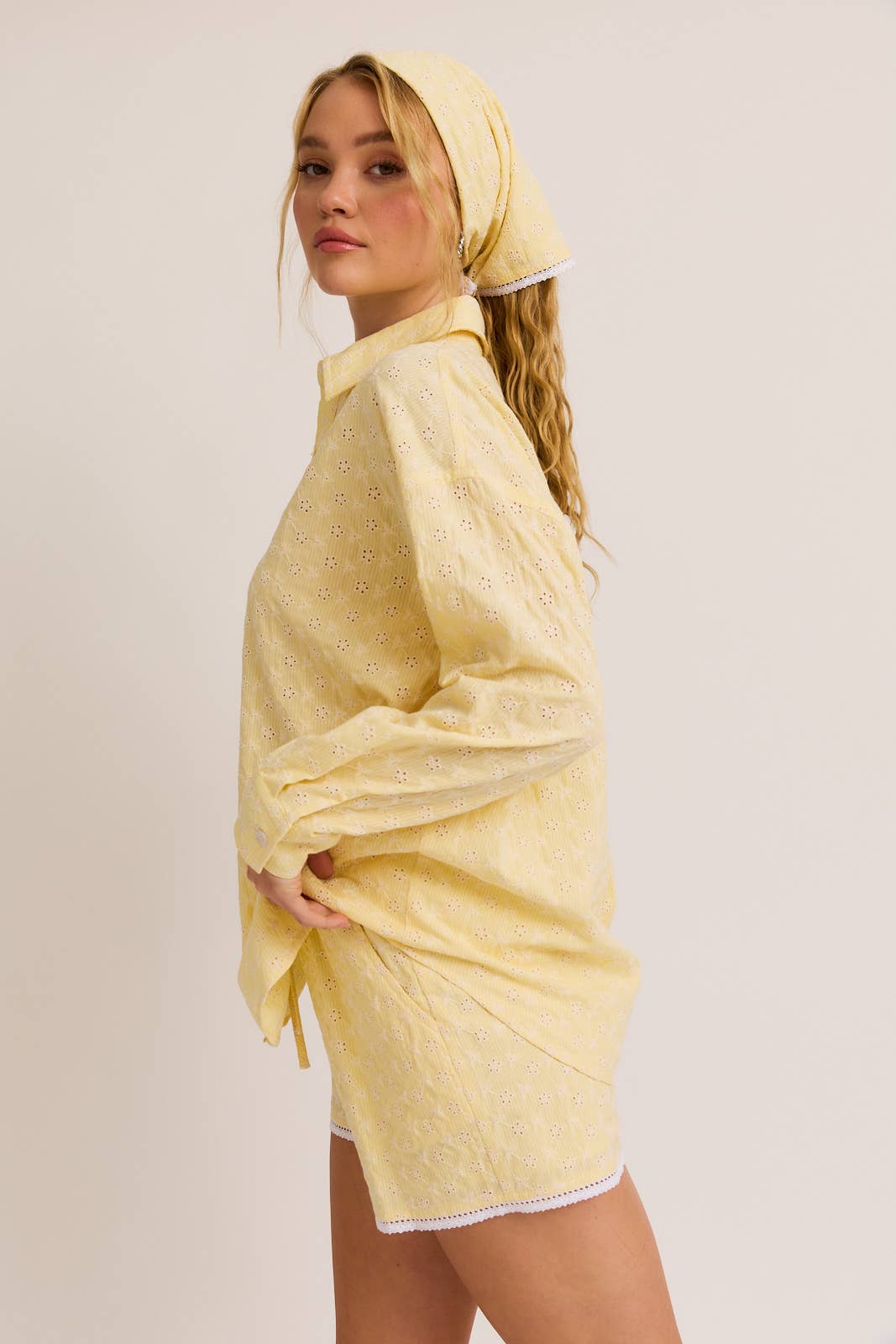 Butter Yellow Eyelet Button Down, Lace Trim Shorts, & Head Scarf (3pc set)