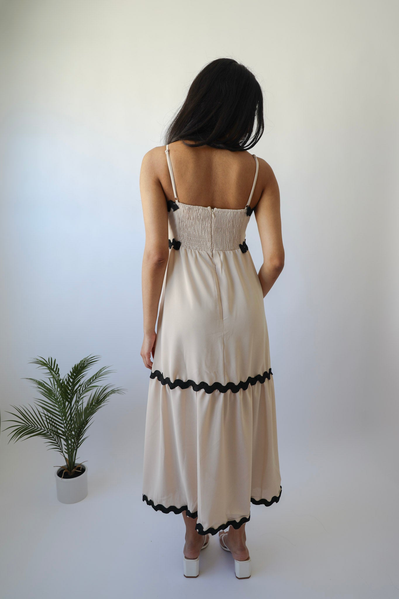 Cream & Black Ric Rac Trim Detail Maxi Strap Dress