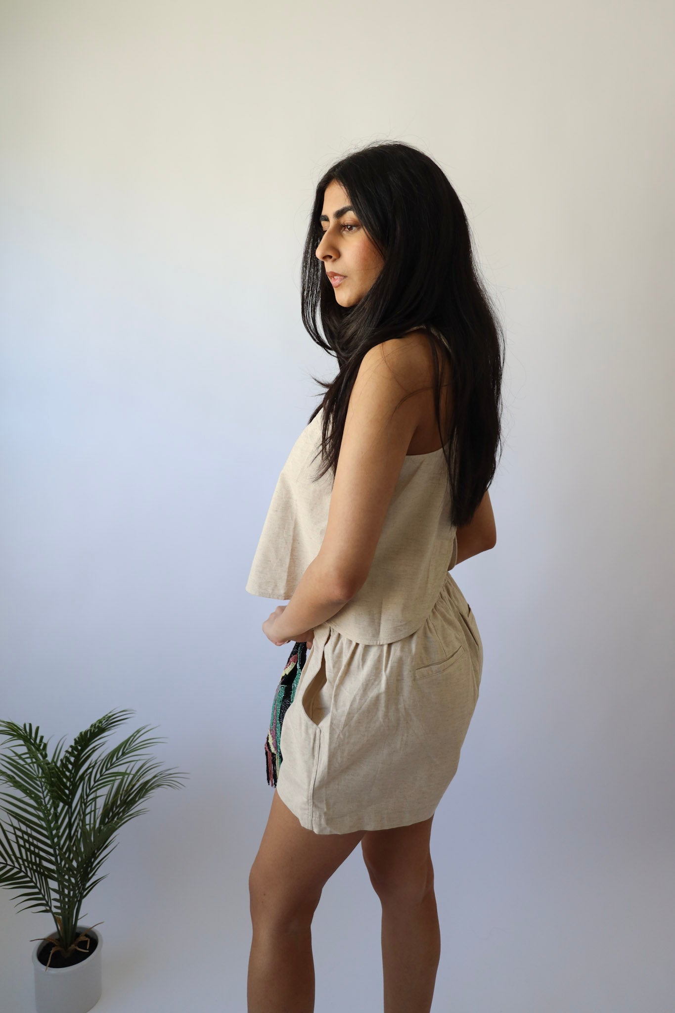 Cream Linen Elastic Waist Band Shorts